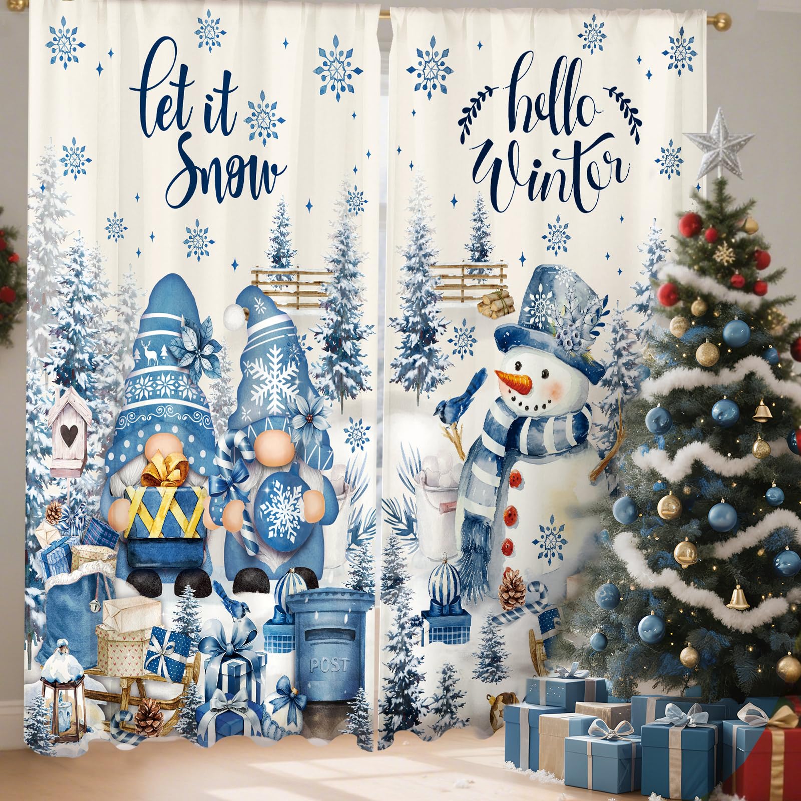 SmoothNovelty 2 Pcs Christmas Curtains for Living Room Winter Snowman Gnome