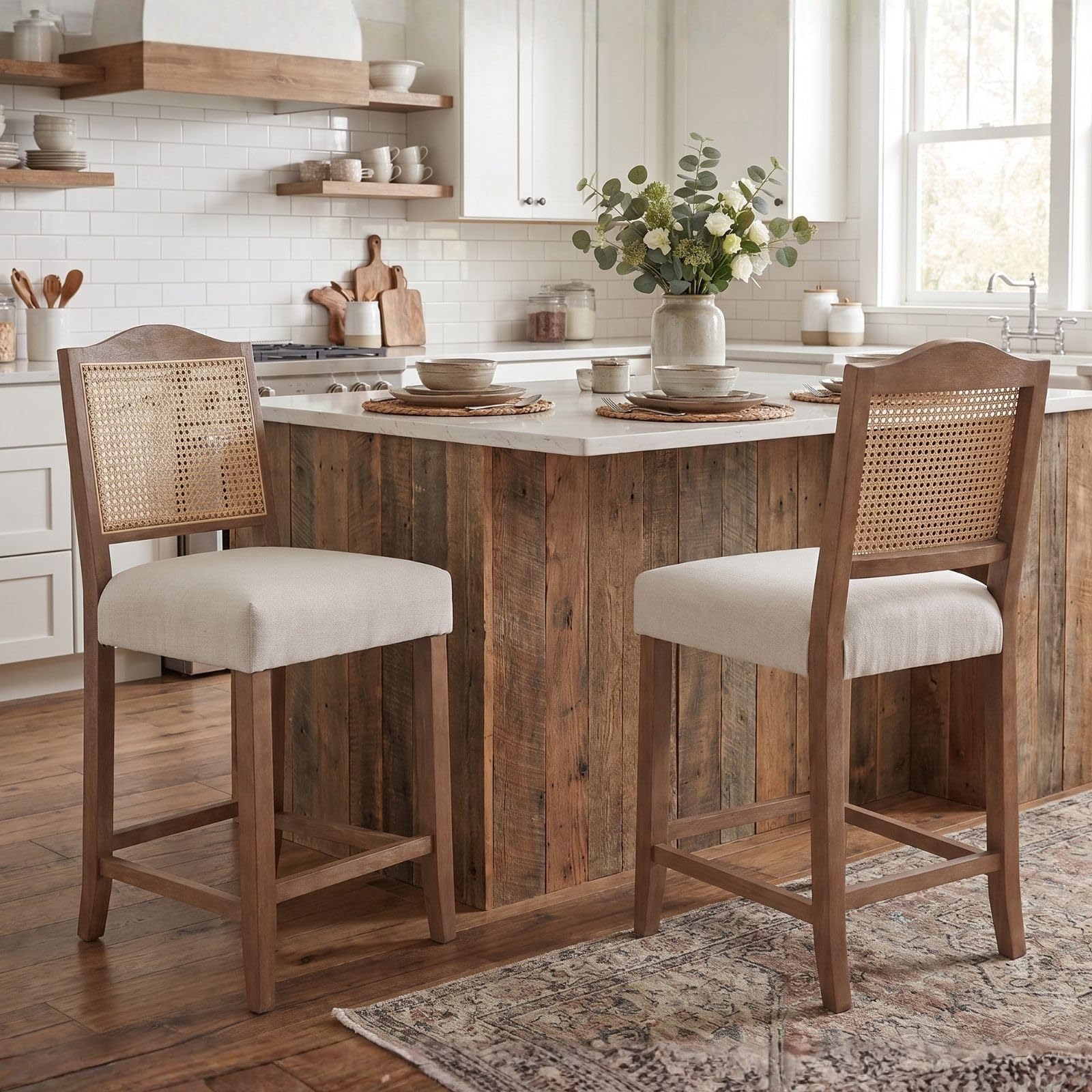 EALSON pair of cream upholstered bar stools with rattan woven backrests and wood legs