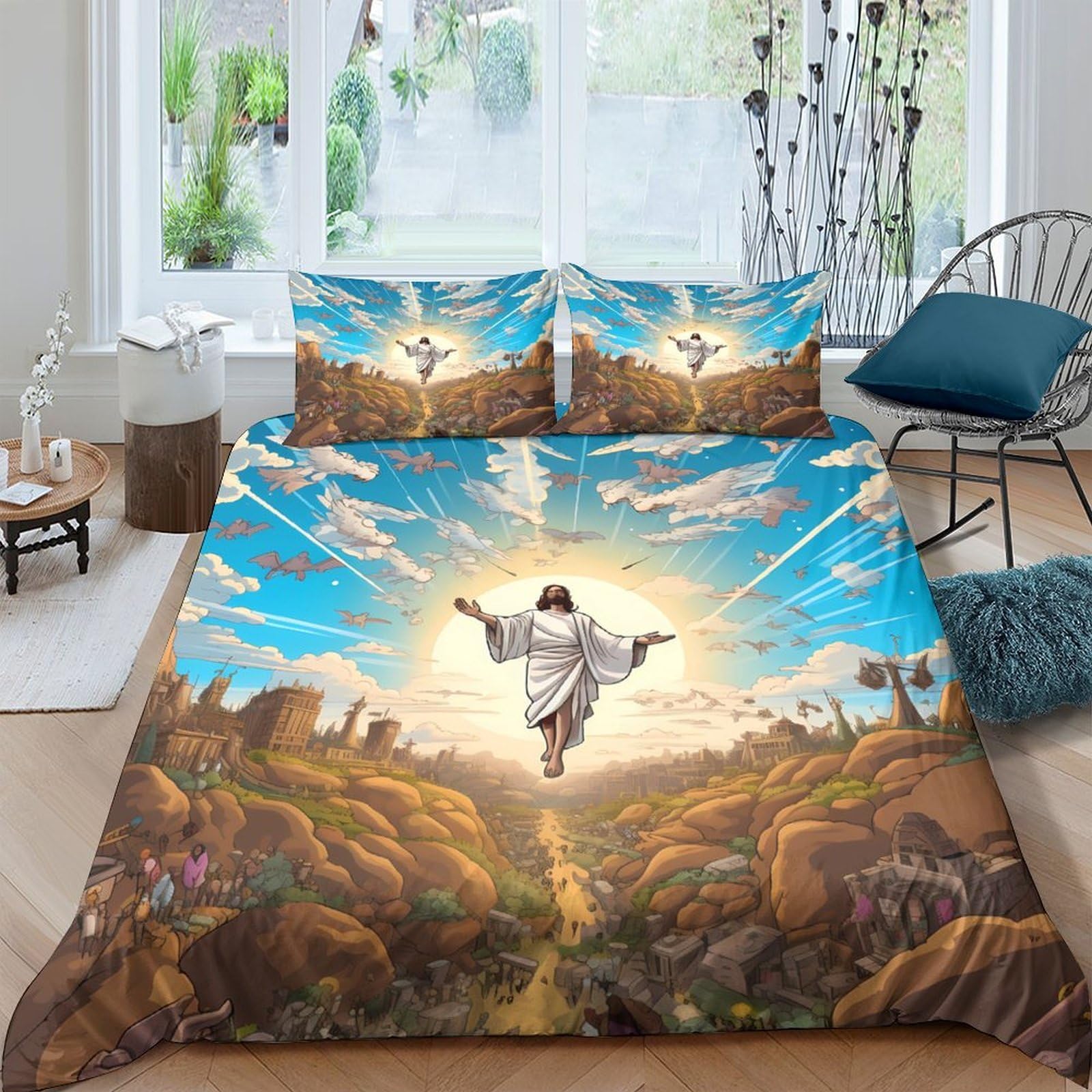 GPLZQXKJNH 3D Printed Resurrection Jesus Duvet Cover Microfiber Soft Breathable Cross Sunrise Bedding Set with 2 Pillowcases for Bedroom Home Single（135x200cm）