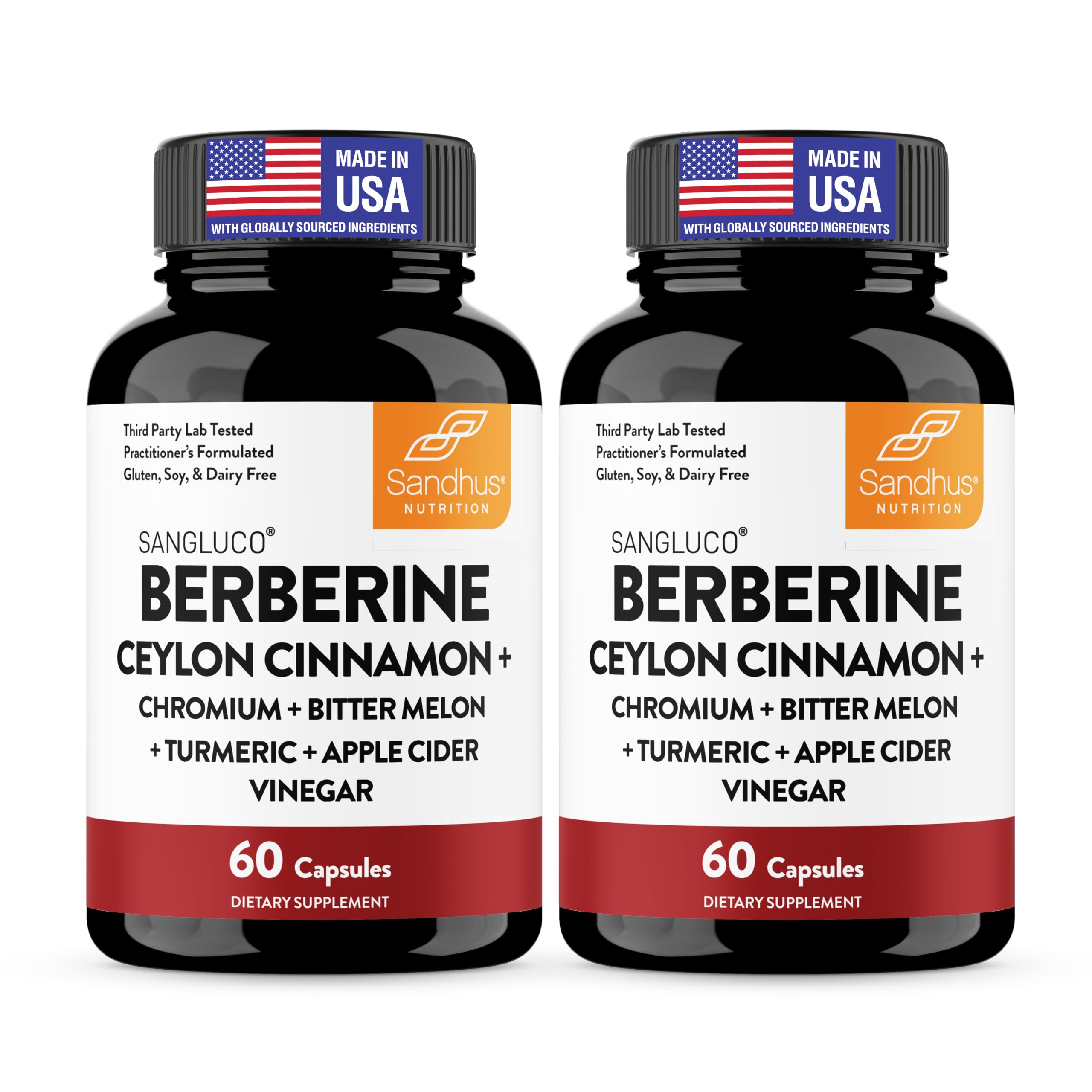 Sangluco Berberine Ceylon Cinnamon Chromium Turmeric Apple Cider Vinegar Bitter Melon Supplement | Supports Healthy Levels Already Within Normal Range | 120 Capsules Berberine Ceylon Cinnamon 60 Count (Pack of 2)