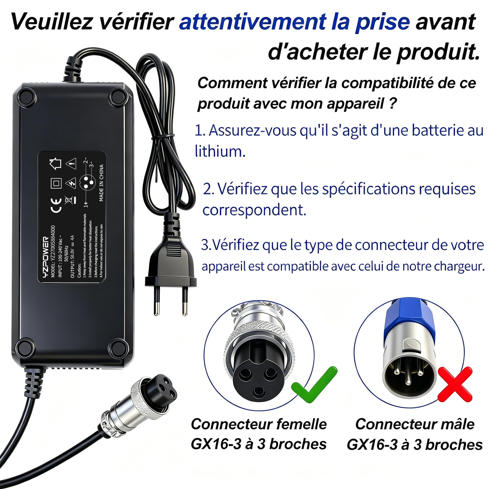 Chargeur 58,8V 4A Compatible Batterie Lithium 52V pour vélo électrique | Compatible trottinettes électriques, équipé d'écran numérique, ventilateur de refroidissement et connecteur GX16-3