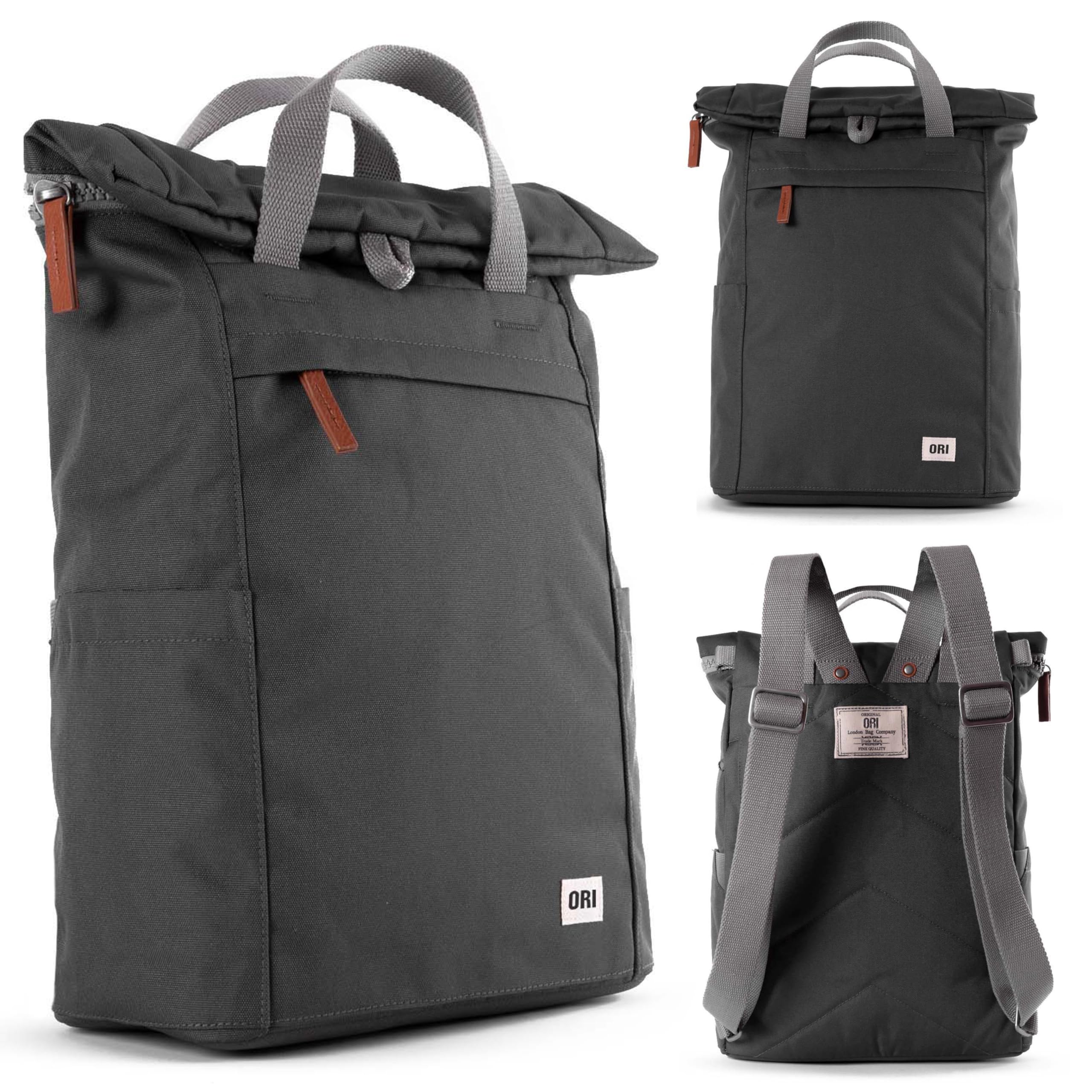 ORI LONDON Travel Backpack - Medium Water-Resistant Nylon Rolltop Laptop Backpack for Men & Women - The Finchley - Carbon