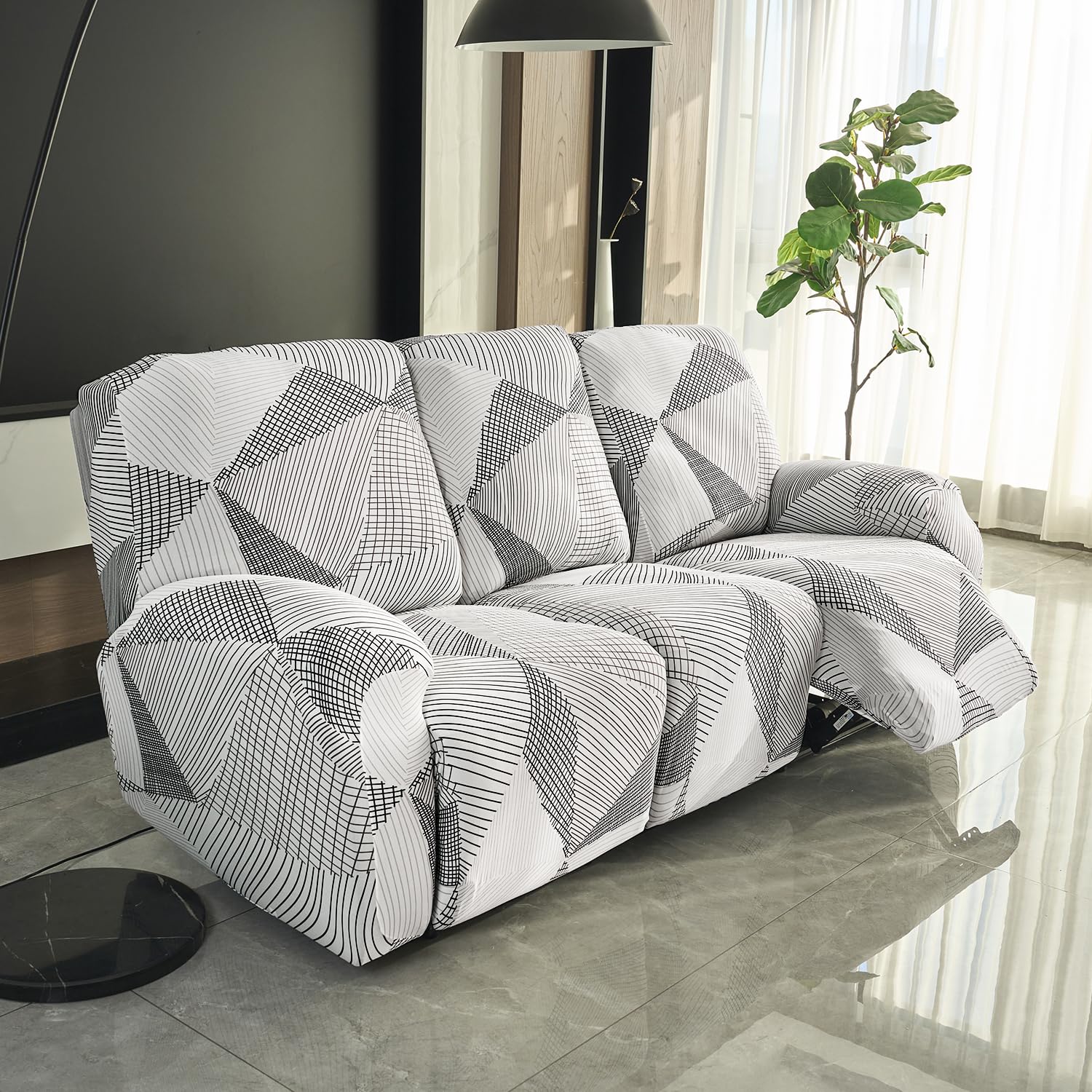 HOKIPO Polyester 140gsm Fully Covered Recliner Sofa Cover 3 Seater, Snow White Black Geometry (AR-4942-C9)