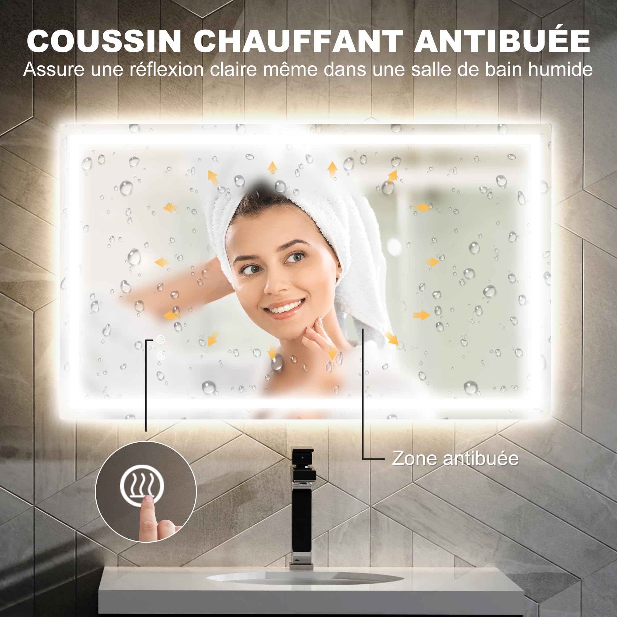 HOMCOM Miroir Salle de Bain éclairage LED 100 x 60 cm Lumineux Mural IP44 | Interrupteur Tactile, Lumière Réglable 3 Couleurs, Anti-Buée, Mémoire