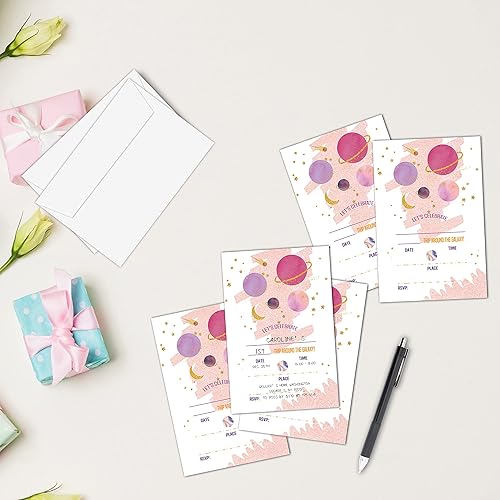 Miniatura 3 de Invitaciones de cumpleaños temáticas del espacio exterior rosa viaje alrededor de la galaxia invitaciones de fiesta de cumpleaños estilo relleno con