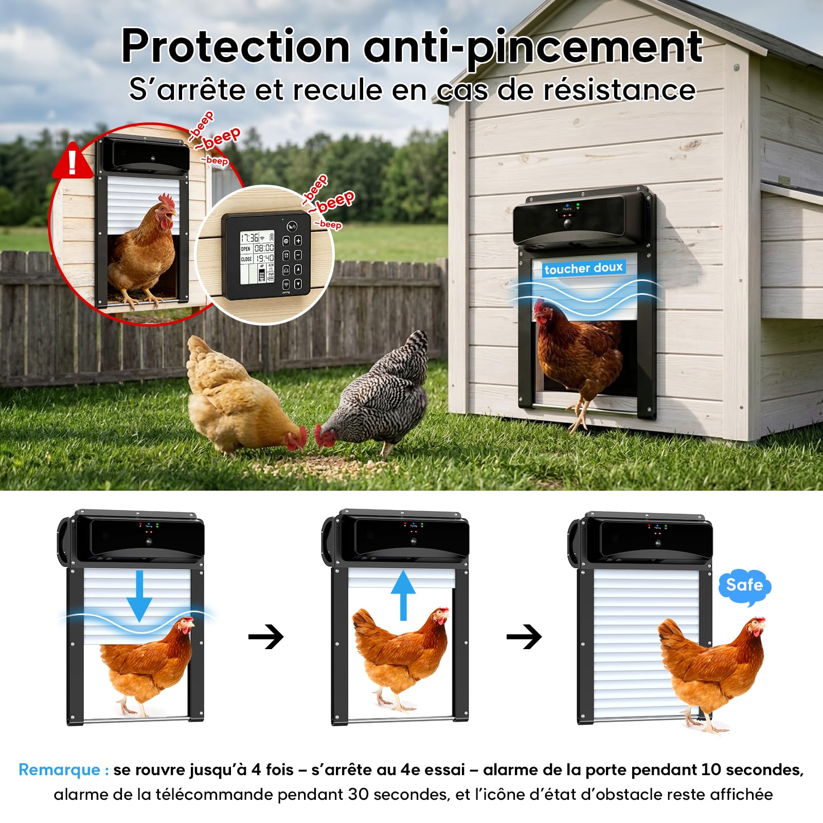 Porte Poulailler Automatique Solaire avec Télécommande sans Fil 120 m, Porte Enroulable Porte Automatique Poulailler Solaire avec Détection de Mouvement 120°, Minuterie, Fonction Anti-pincement