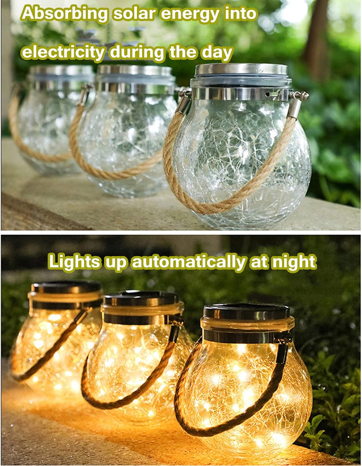 Solar Lights Garden Decorative 2 Packs Waterproof Solar Hanging Crack Light Outdoor Cracked Glass Jar Lantern 30 LED Warm Light image 4