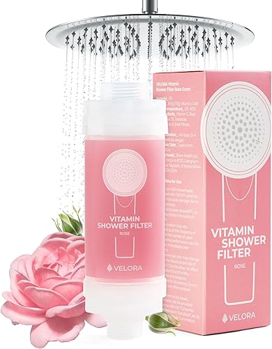 VELORA Filtro de ducha con vitamina C  Filtro de agua de ducha con aroma a rosa y suavizante  Accesorio universal de baño para cabezal de ducha