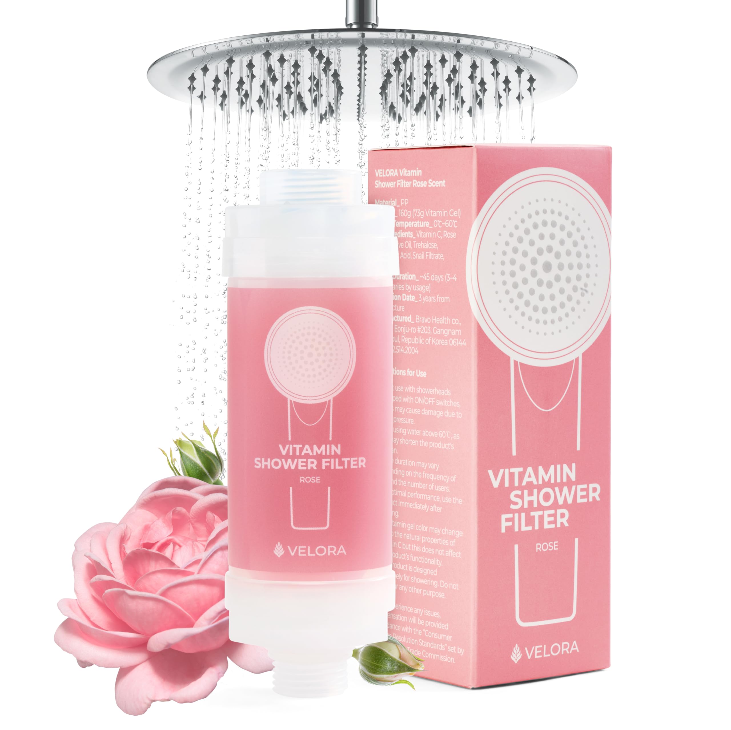 VELORA Vitamin C Shower Filter - Rose-Scented Aromatherapy Shower Water Filter and Softener - Universal Showerhead Bathroom Attachment - Replenish Dry