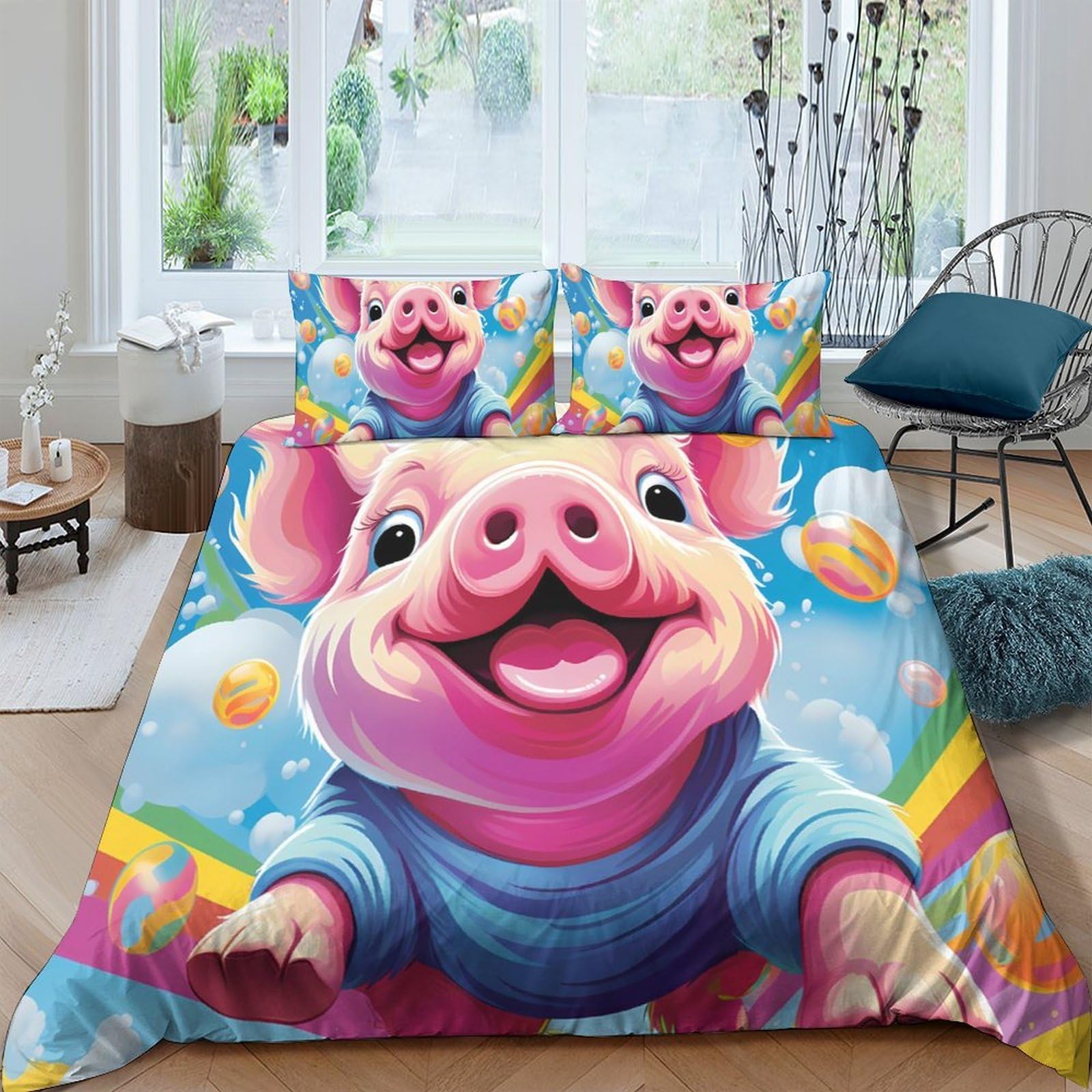 Ctjqhvkz Style-3 3D Printed Cartoon Pig Fitted Sheet Microfiber Vibrant Rainbow Mattress Cover Anti-Slip Bed Decor For Bedroom Dorm Home Single（135X200cm）
