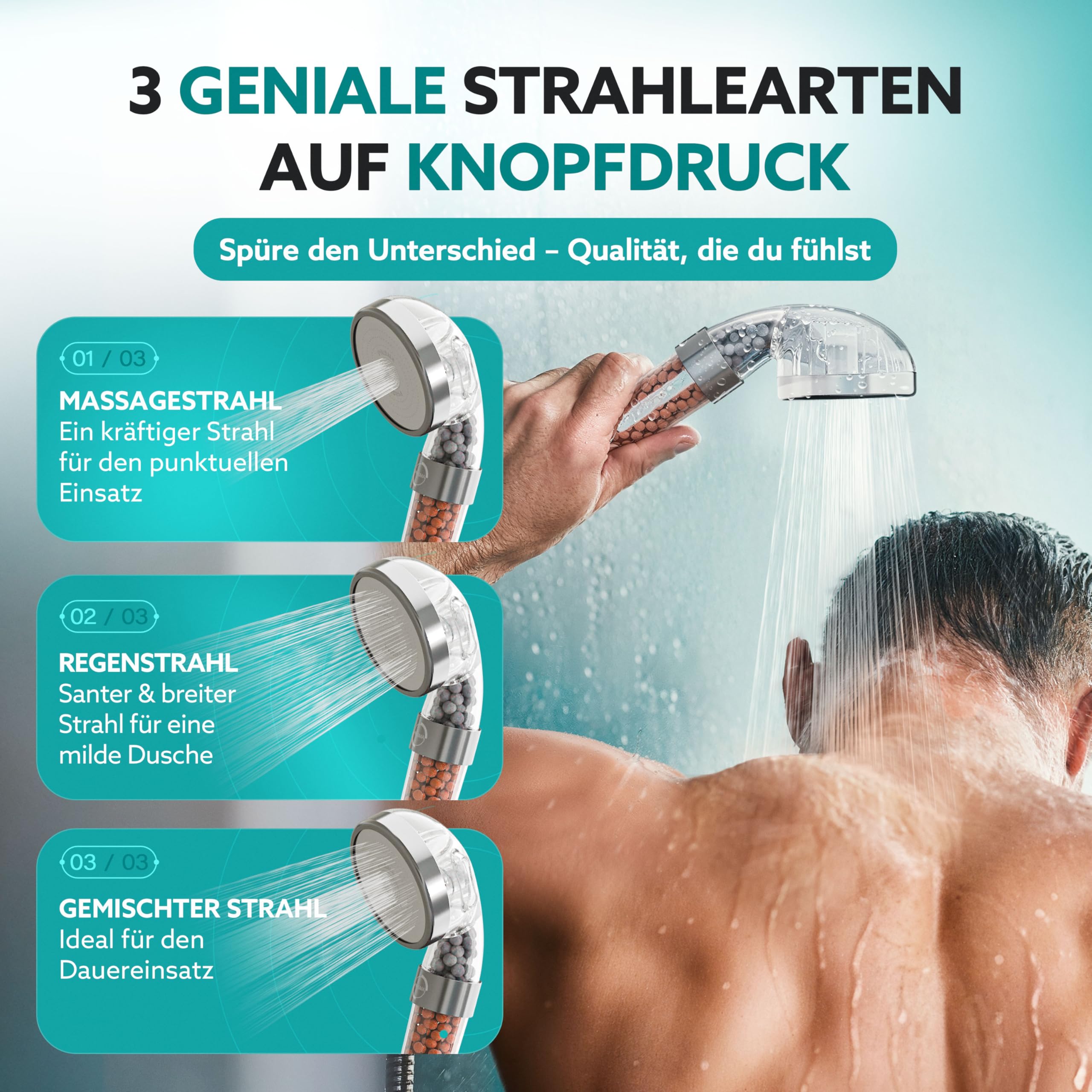 PRISMA Duschkopf für ein einzigartiges Duscherlebnis - Mehr Wasserdruck, Wassersparend, 3 Funktionen mit Filter, Regendusche Handbrause Brausekopf Massage
