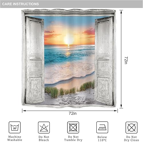 Miniatura 6 de Riyidecor Cortina de ducha para puerta de granero gris para decoración de baño, 72 pulgadas de ancho x 72 pulgadas de alto, paisaje hawaiano, olas