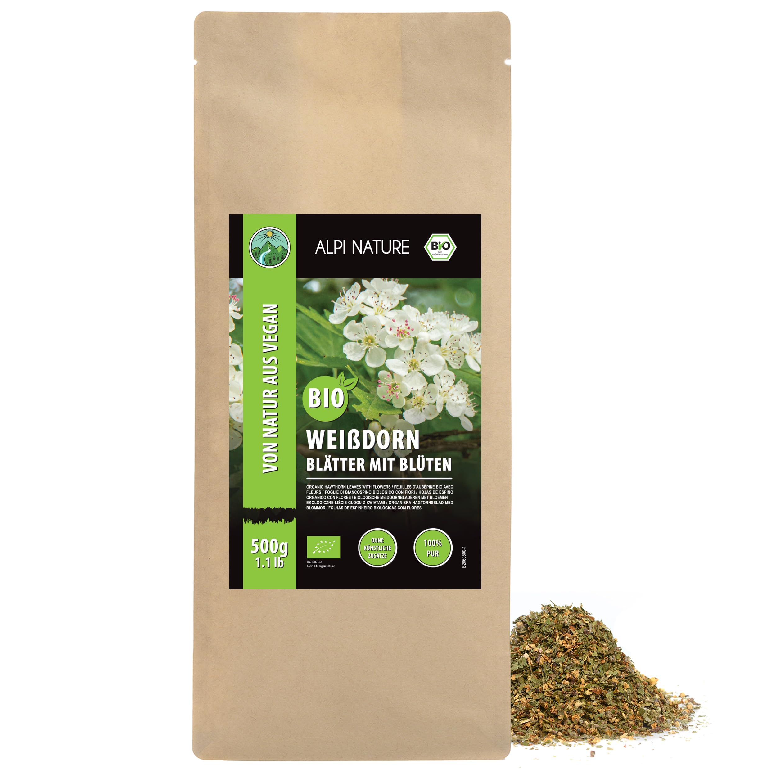 Alpi Nature Organic Hawthorn Tea 500g 1.1 lb, Dried and Cut Hawthorn Leaves and Flowers for Tea
