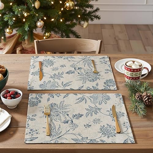 JINCHAN Juego de 4 manteles individuales de lino con diseño floral de Navidad, manteles individuales rústicos jacobeos para exteriores, para cocina,