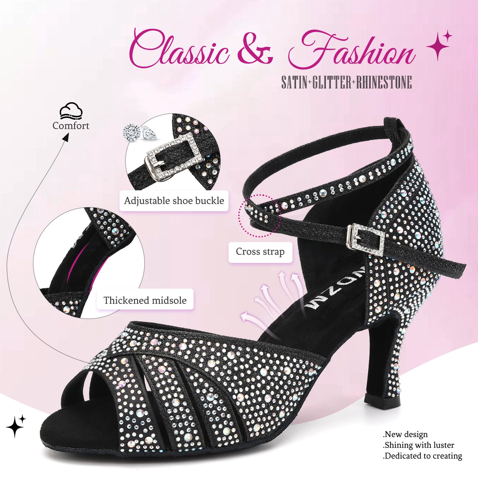 SWDZM Scarpe da Ballo Latino Donna Strass Salsa Bachata Prestazioni Professionale,Zwart,Hakhoogte 7cm,Suède zool,EU 39