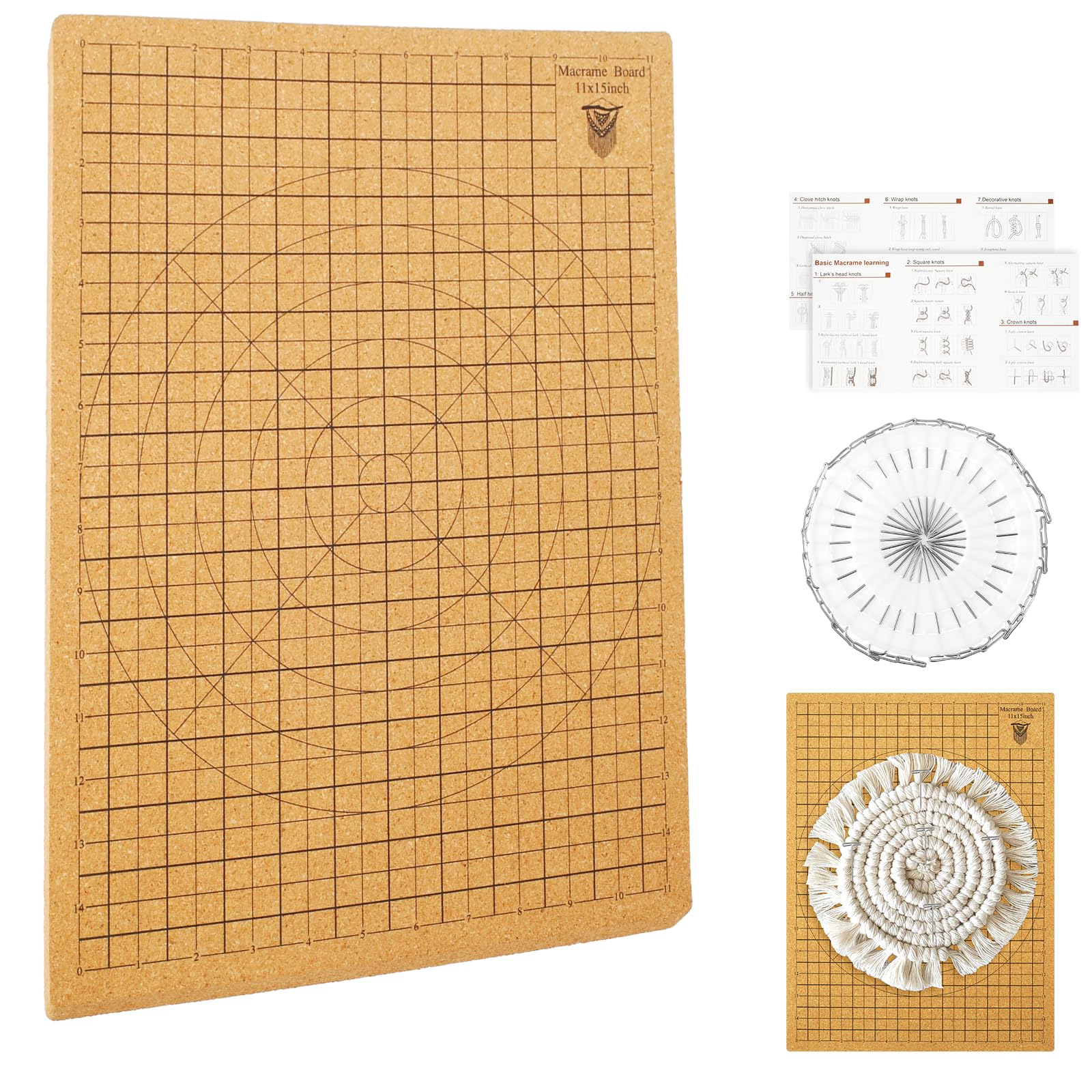 Upgraded 12x16in Double Side Macrame Project Board with Pins, Handmade Braiding Board with Instructions, Grid Macrame Supplies, Cork Board for Braiding Bracelet Wigs Knotting String