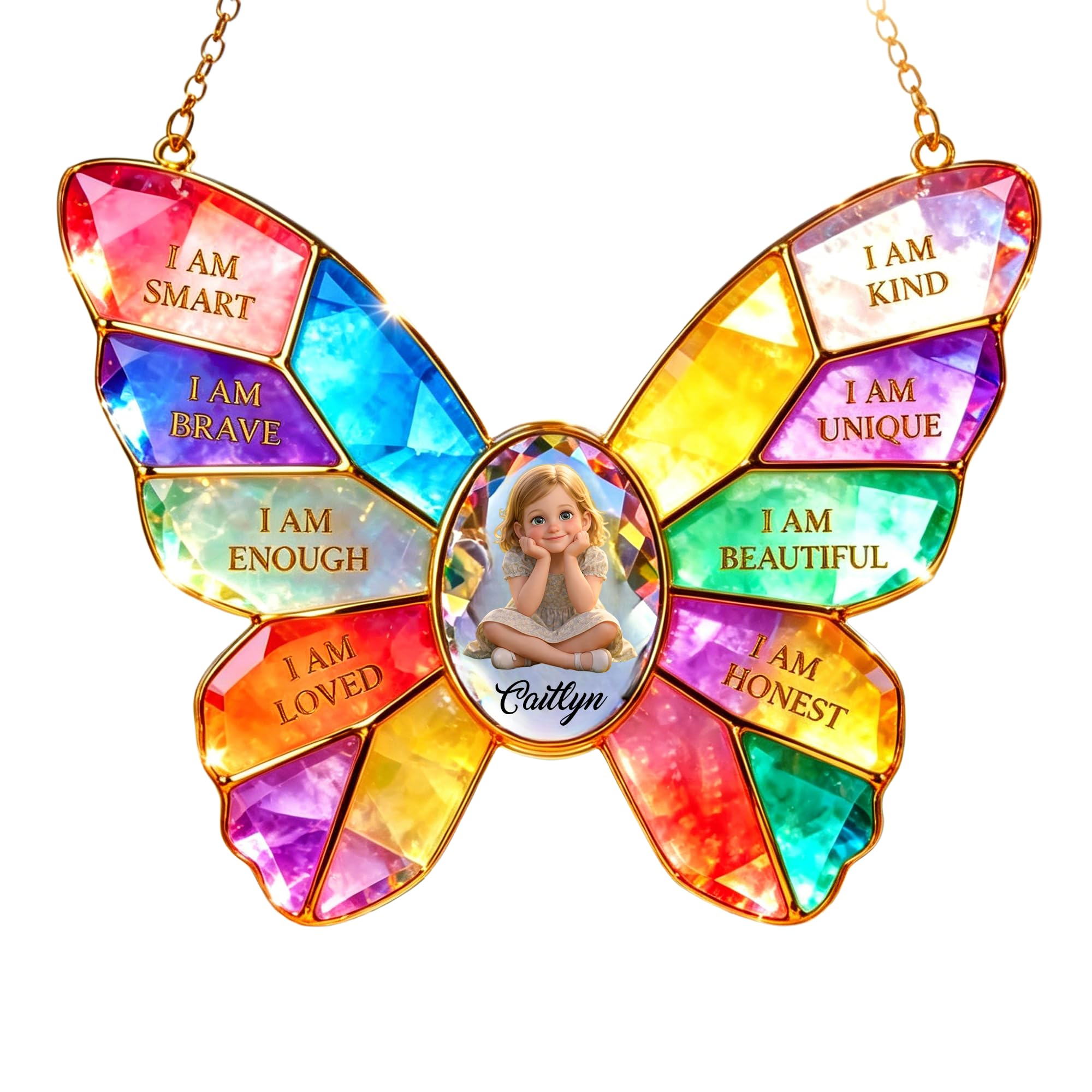 WERWAES Custom Stained Glass Butterfly Suncatcher - Personalised with Photo & Name - Acrylic Window Decoration Hanging for Son or Daughter - I Am Kind, Smart, Brave (Style-1)