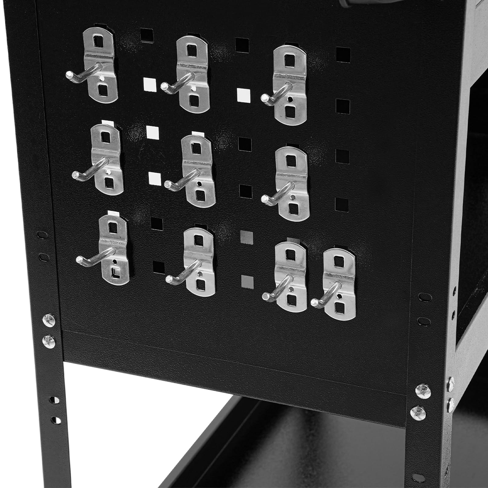 Carro de herramientas resistente, 3 niveles y 1 cajón con cerradura, agujero para colgar y caja de almacenamiento en el lateral, banco de trabajo con 4 ruedas (2 frenos), color negro