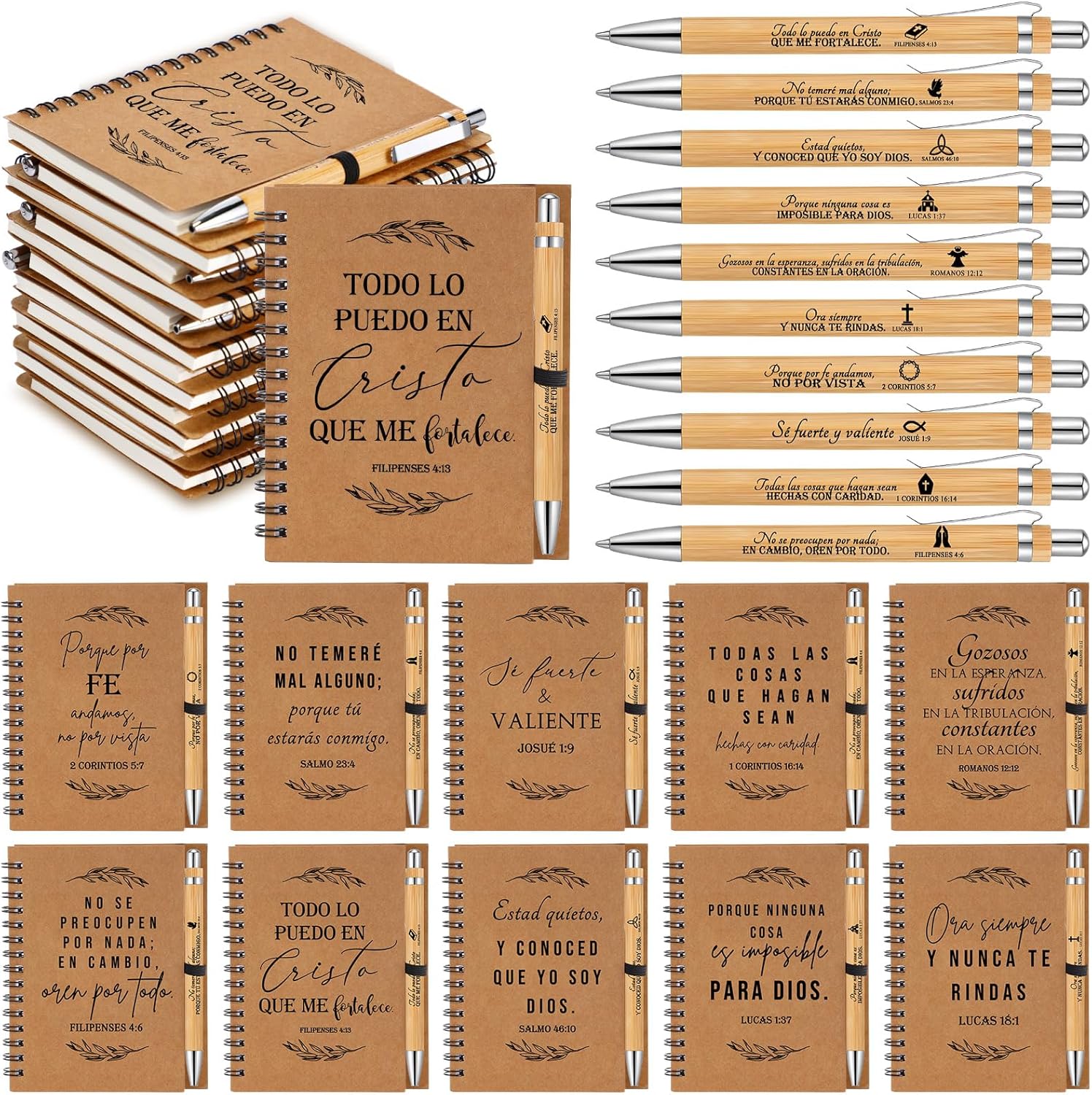 Kosiz 40 Pcs/20 Set Christian Gifts Bulk Religious Spiral Notebook with Bible Verse Pen Prayer Journal Inspirational Notepad for Men Women Church Friends Birthday Sunday School (Spanish Leaves)