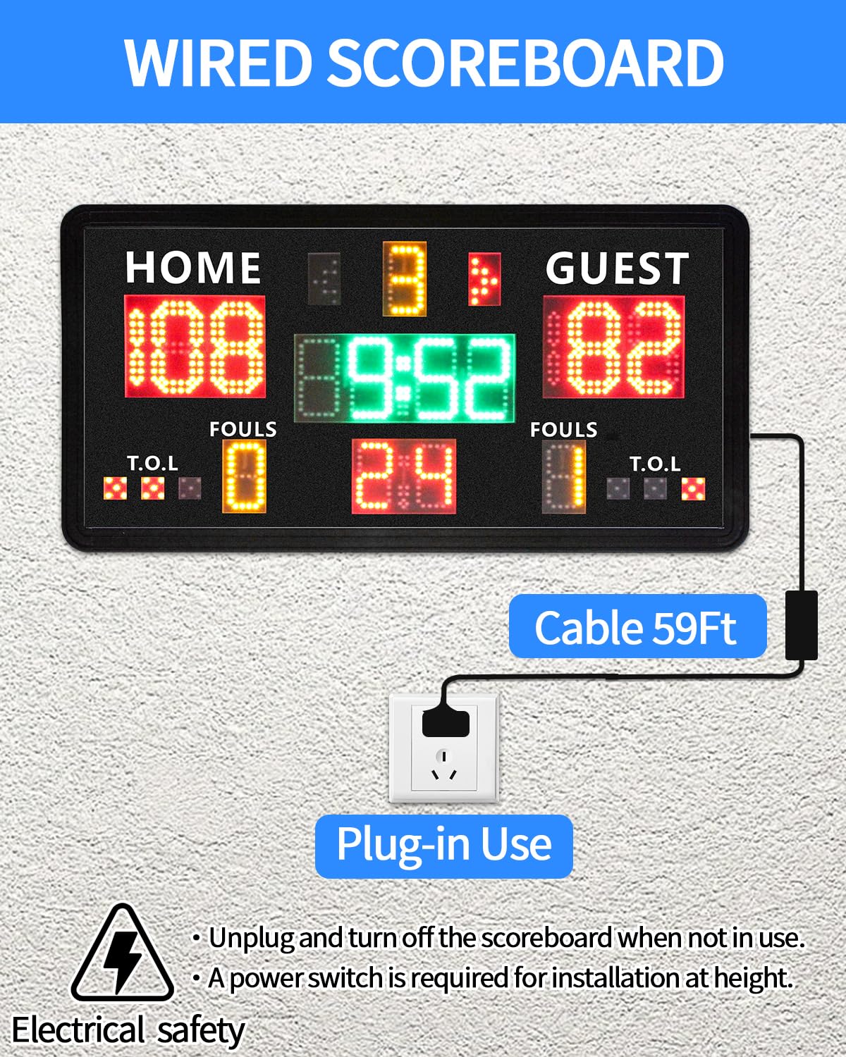Große elektronische Anzeigetafel mit Fernbedienung, Wandmontage, Digitale Anzeigetafel und Timer, Basketball-Wurfuhr (14/24 Sekunden & benutzerdefinierte Zeit), Punktezähler
