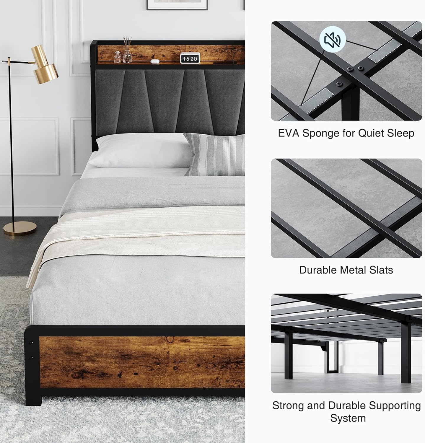 Garvee Full Size Upholstered Bed Frame with 4 Storage Drawers, Storage Bed wtih Headboard, Charging Stastion，Heavy Duty Metal Platform Bed Frame, Noise Free Slats, No Box Spring Needed, Rustic Brown