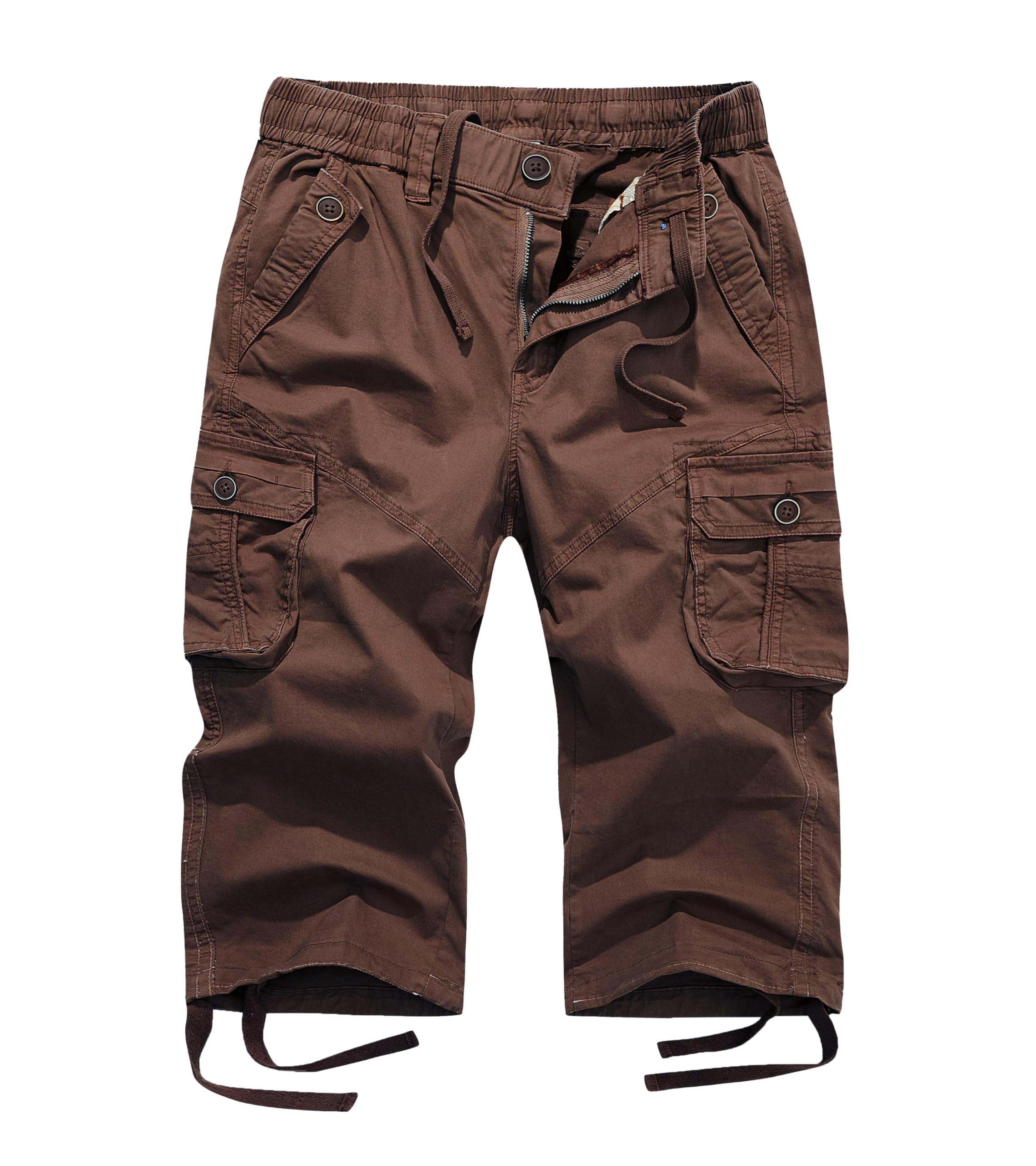 FOURSTEEDS Women's Mid Rise Cotton Capri Hiking Shorts Drawstring Multi Pocket Cargo Shorts Elastic Waist Cropped Cargo Pants Coffee L