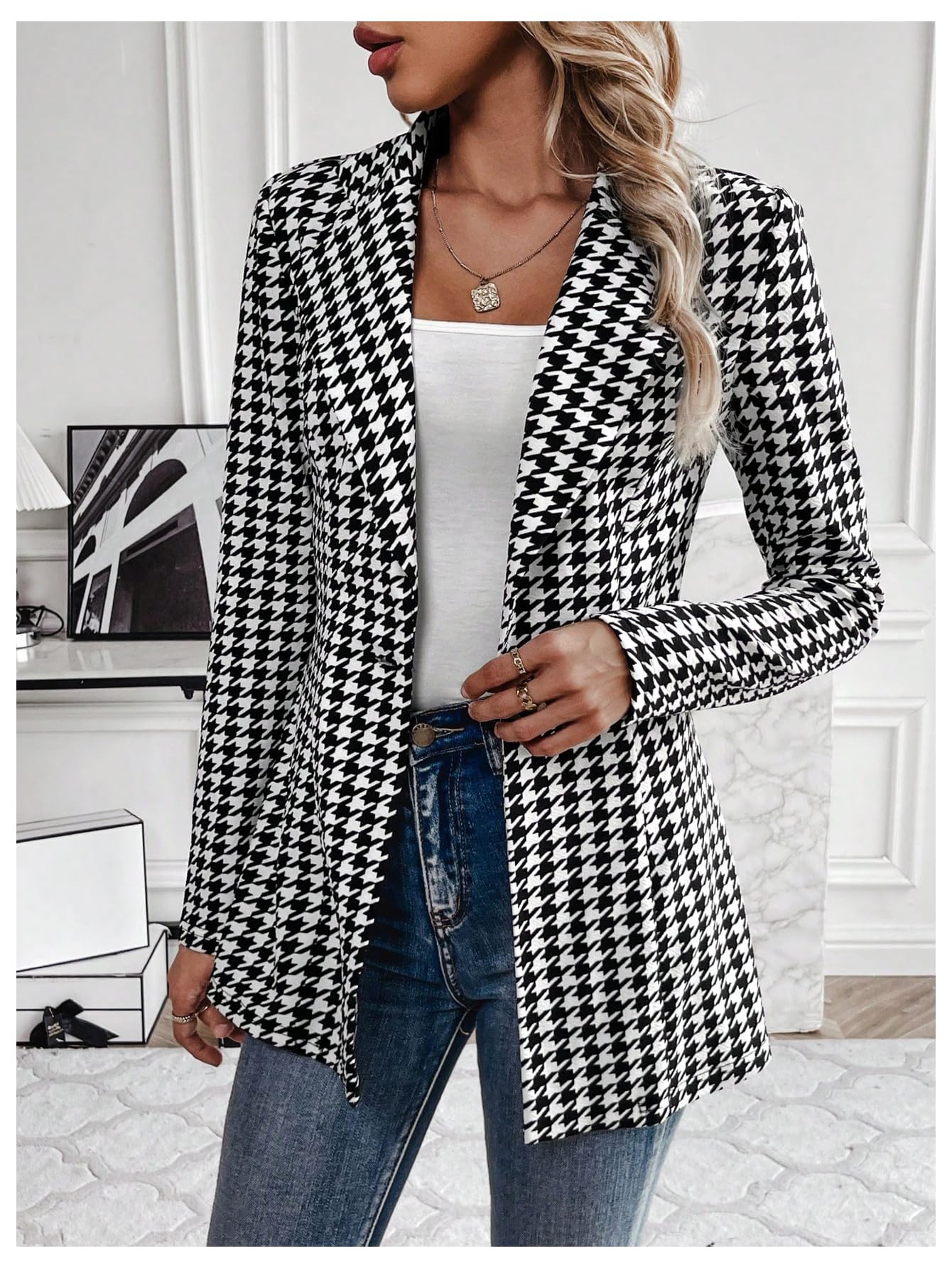 GORGLITTER Women's Houndstooth Long Sleeve Button Blazer Jackets Trendy Open Front Casual Business Work Office Blazers