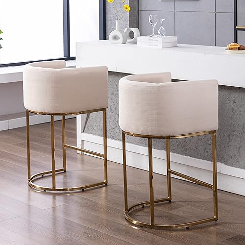 Miniatura 3 de Taburete de bar contemporáneo de lino crema, taburete de bar de tela tapizada de 29 pulgadas, taburete de bar de cocina, taburete de isla con base