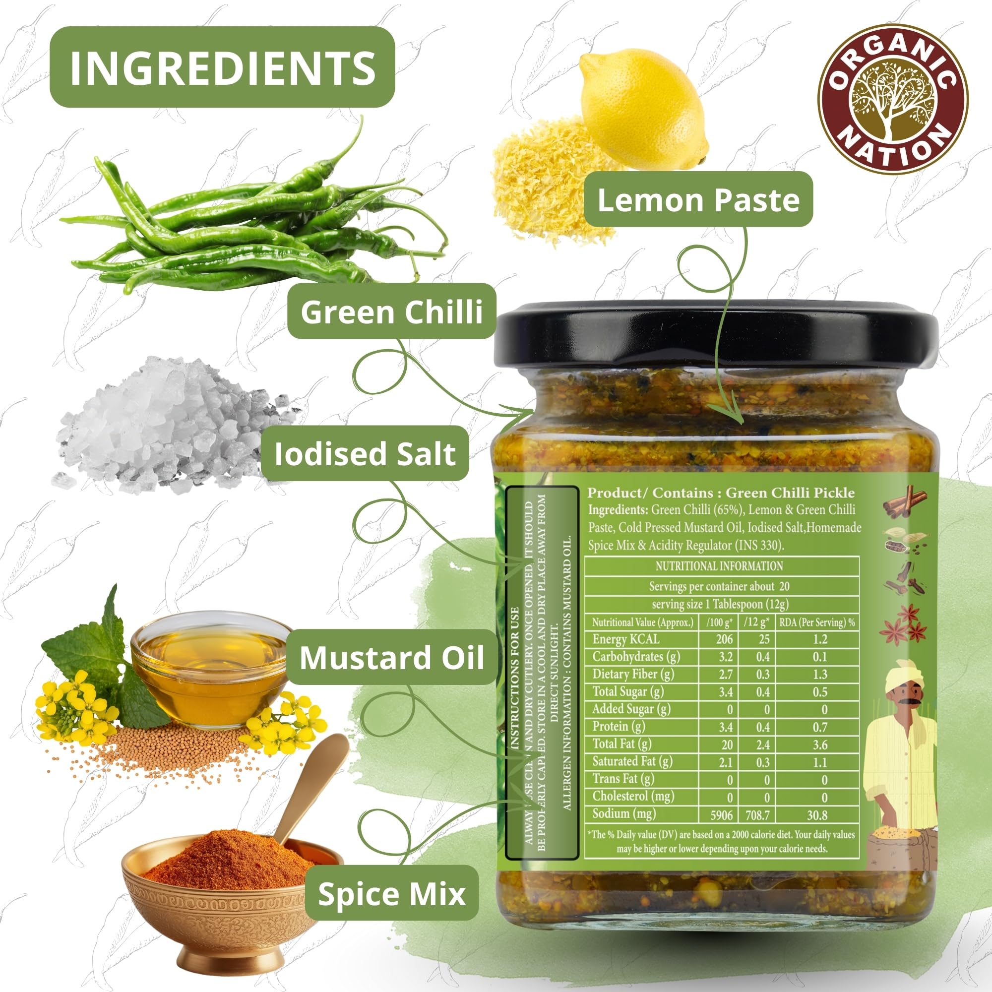 ORGANIC NATION Green Chilli Pickle, Pahadi Hari Mirch Achar Masala Flavors, Deliciously Spicy and Tangy, 250g Jar, Perfect for Enhancing Meals, No Preservatives Vibrant Green Color 3