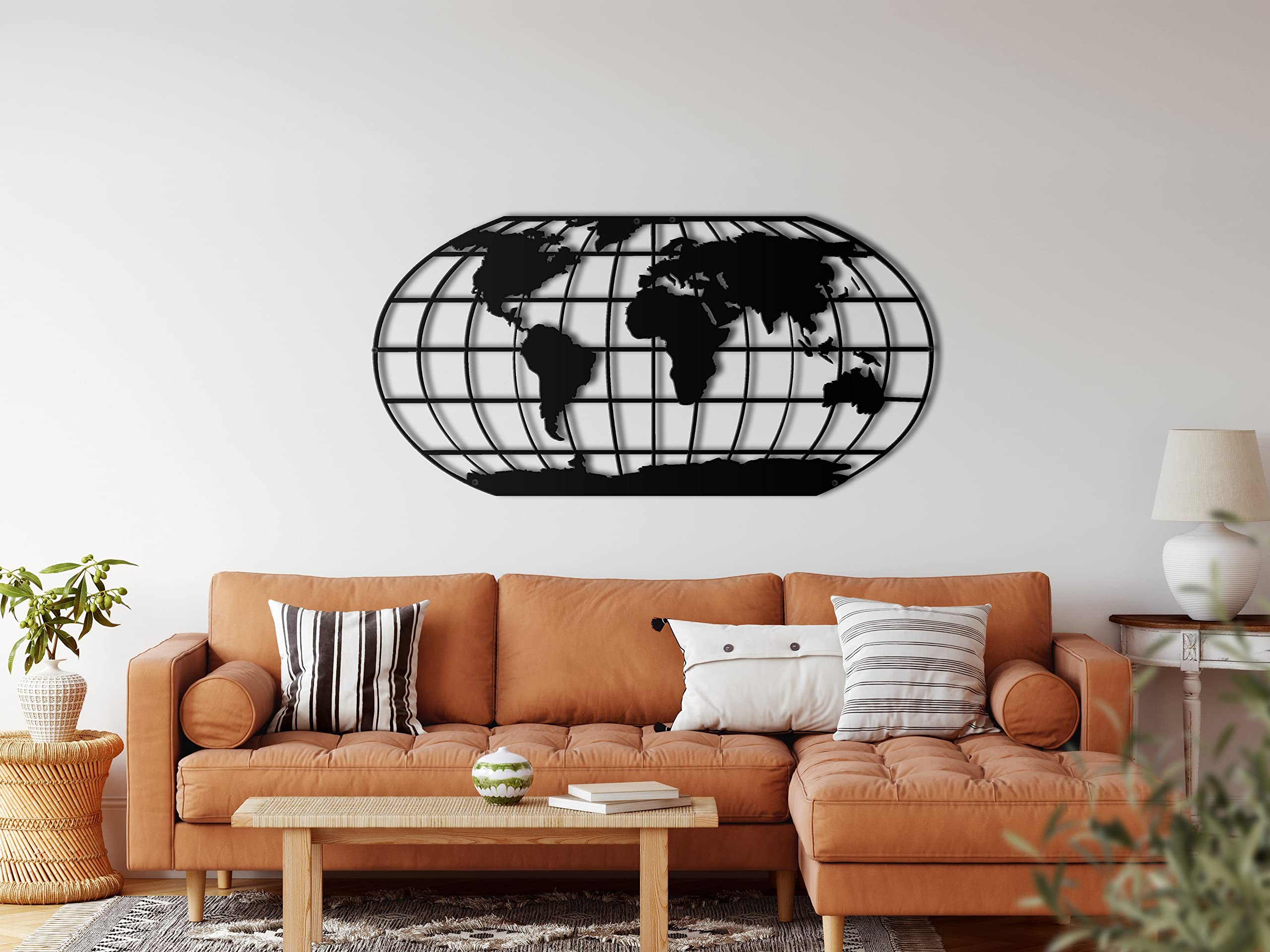 Dekadron Décoration murale en métal, carte du monde avec méridiens, décoration pour salon ou bureau, art mural en métal (100x51cm)