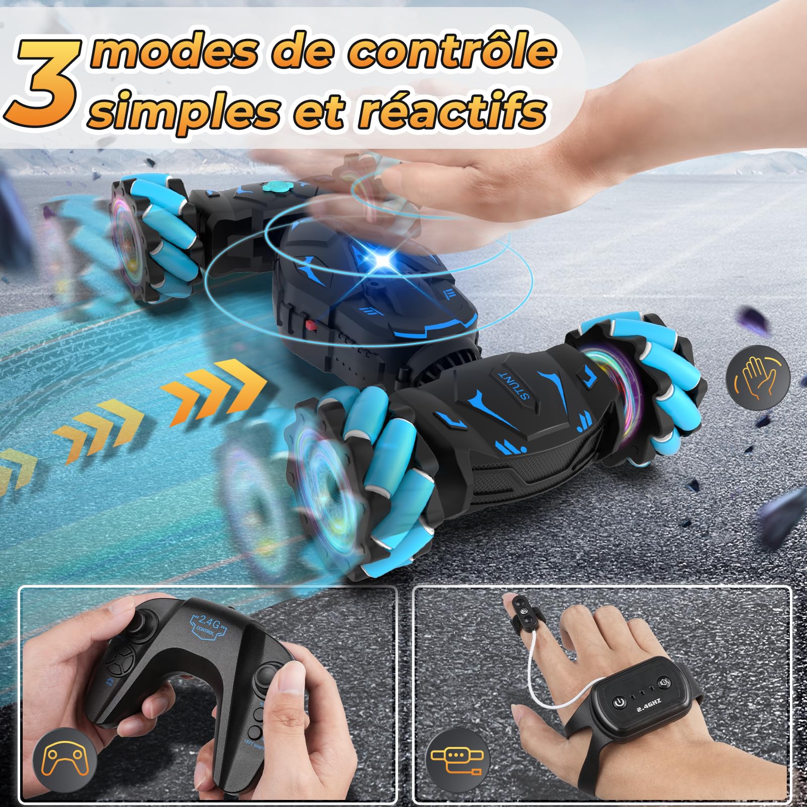Pristar Voiture télécommandée tout terrain avec la Main, avec Lumière et Spray, Jouet RC Car Drift 4WD 2,4 GHz Rotation à 360° Cadeau Voiture Telecommandé Enfant Filles Garçons Enfants de 6 8 9 10 Ans