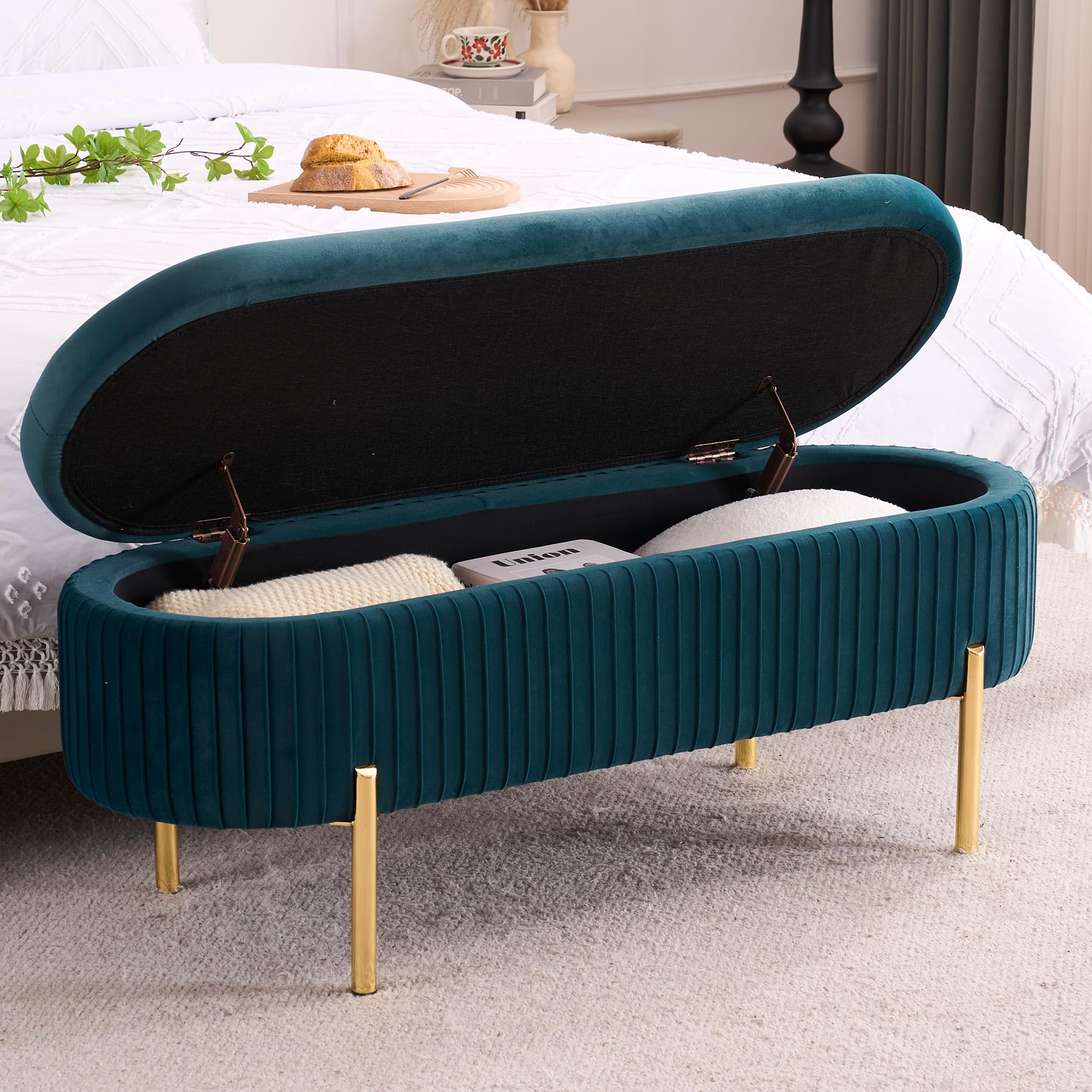 AIITTCC Velvet Storage Bench for Bedroom Upholstered End of Bed Bench Modern Ottoman with Gold Legs for Living Room/Window/Entryway (Teal/Blue-Green,