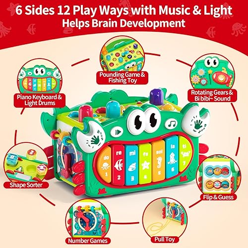 Miniatura 4 de Juguetes Montessori de cangrejo 12 en 1 para niños de 1 año, juguetes martilladores con música y luces, cubo de actividades ocupadas juguetes