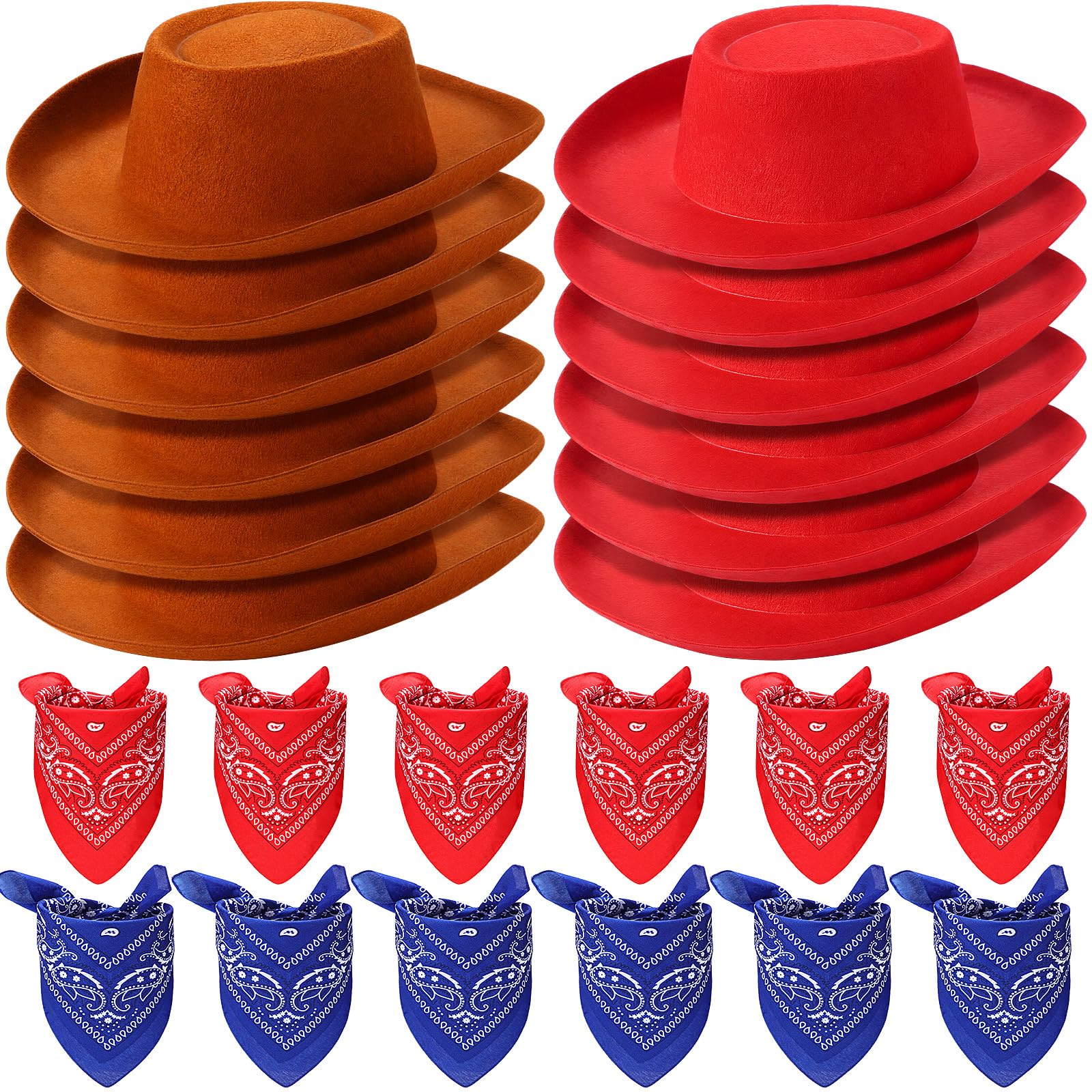 Coume 24 Pieces Cowboy Hats and Bandanas, Brown, Red
