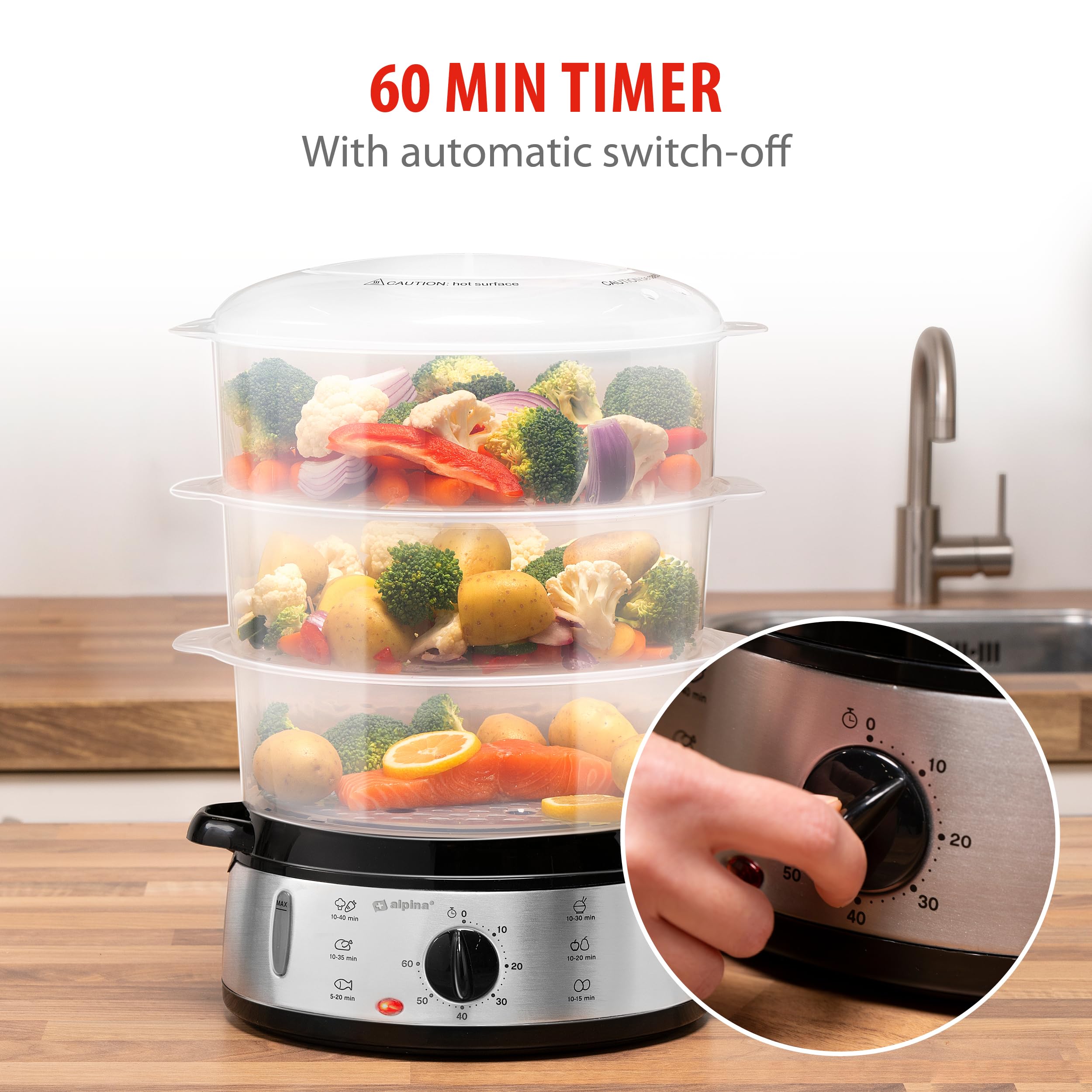 alpina Vaporera Cocinar Vapor - Vaporera Eléctrica 800W - Vaporera Sin BPA con 3 Capas - Apta para Lavavajillas - Cocción al Vapor Hasta 60 Minutos - 9L de Capacidad - Gris