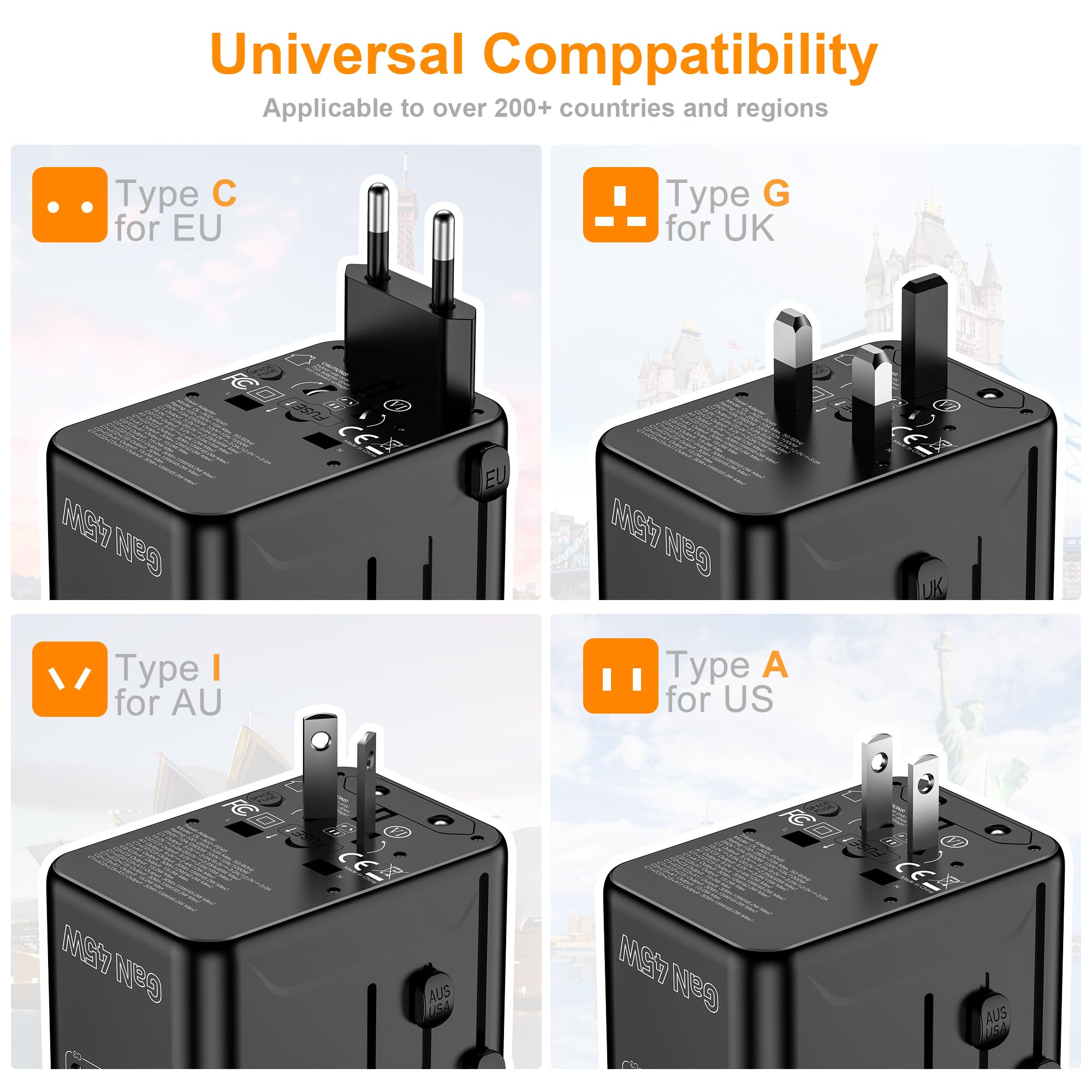 Universal Travel Adapter VYLEE 45W International Plug Adapter with PD Fast Charging 5-Port 1 AC 1 USB-A 3 — view 4