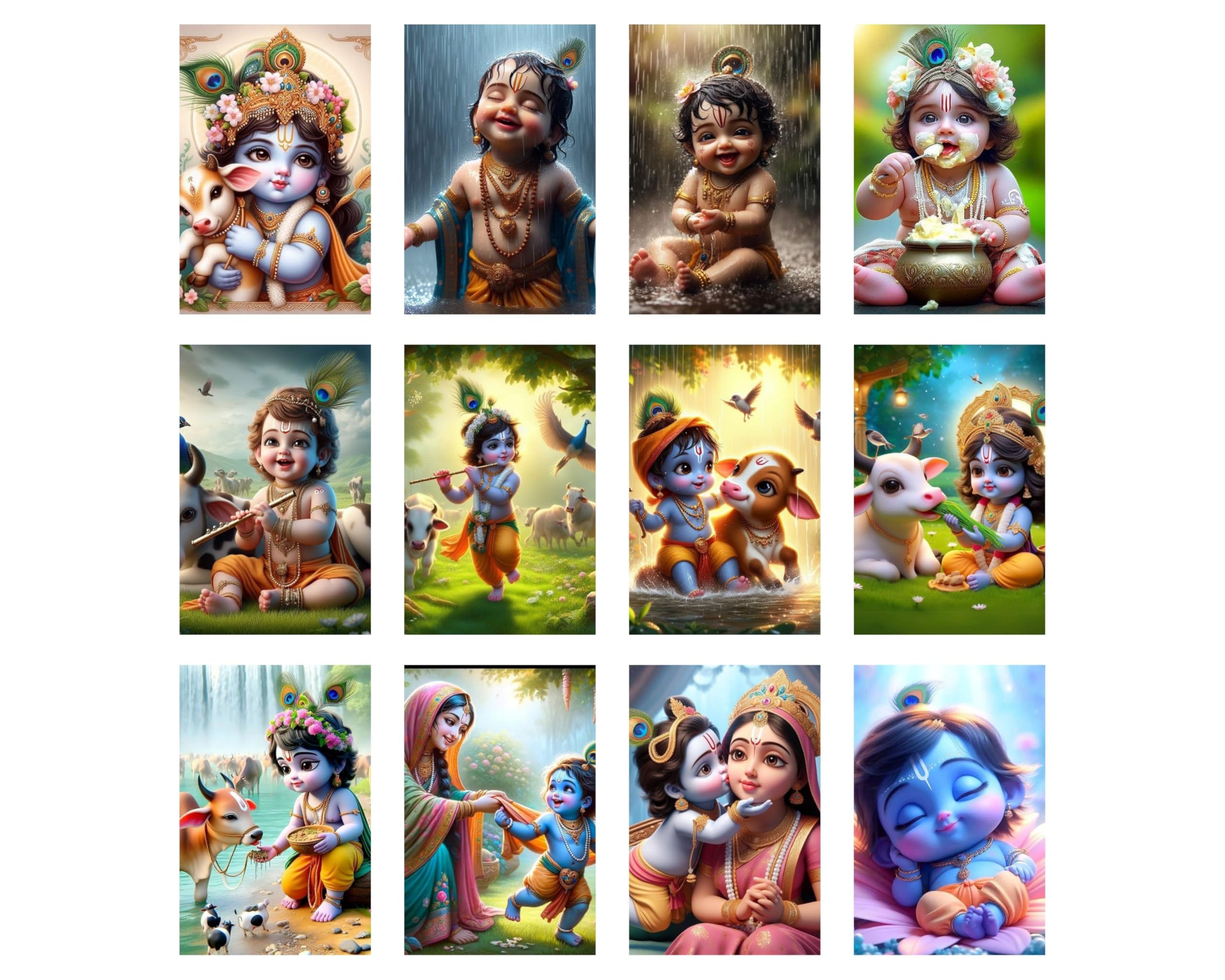 Posters Inc Set of 12 Positive Vibes Bal Krishna Wall Stickers | Cute Baby Krishna Posters for Pregnant Women & Kids Room | HD Print on 300 GSM A4 (8x12 Inch) with Glue Dots | Aesthetic Baby God Wall Art, Nursery & Home Decor