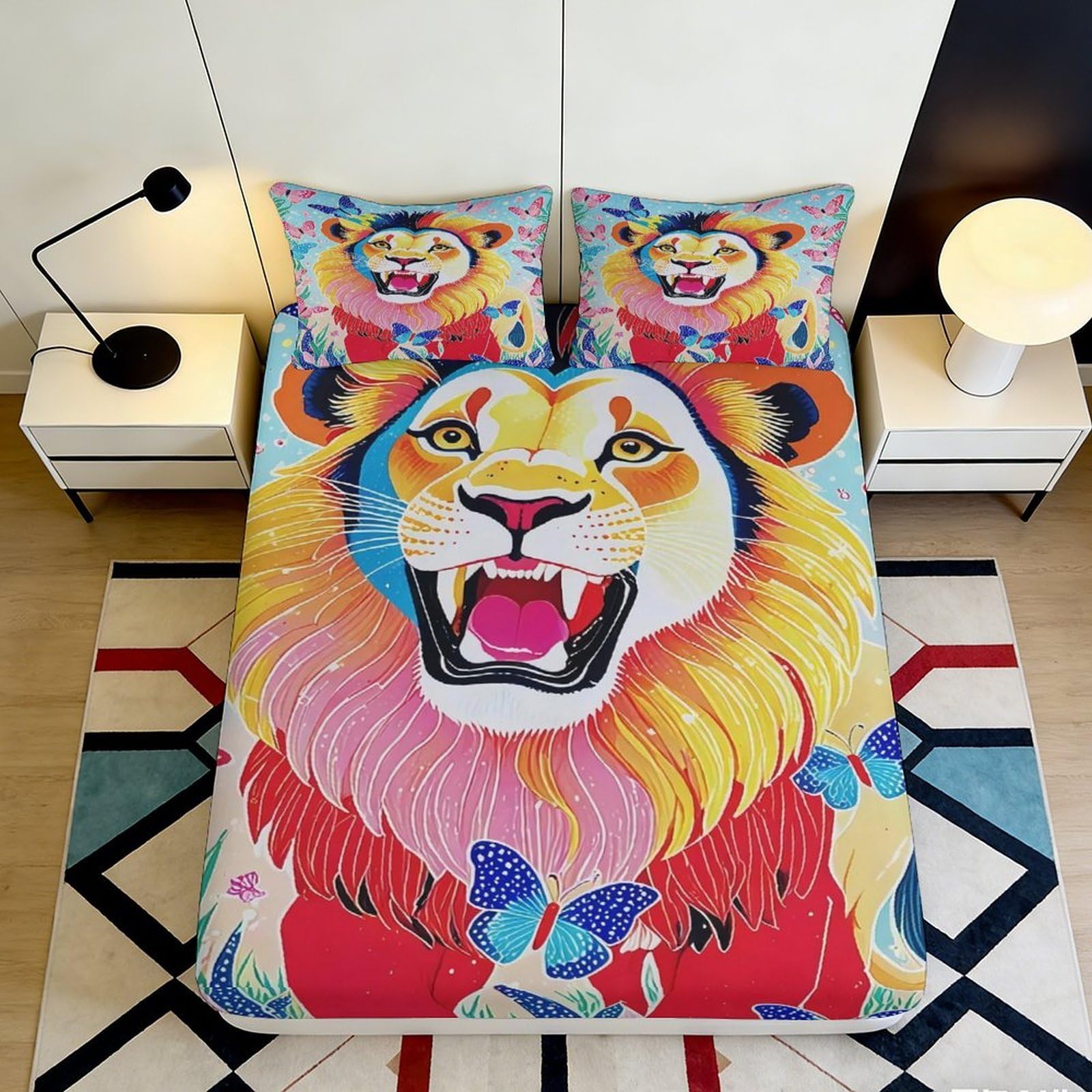 3D Printed Colorful Lion Microfiber Fitted Sheet Vibrant Butterfly Bed Cover for Bedroom Dormitory Guest Room Mattress Protection Decor 200x200x25cm