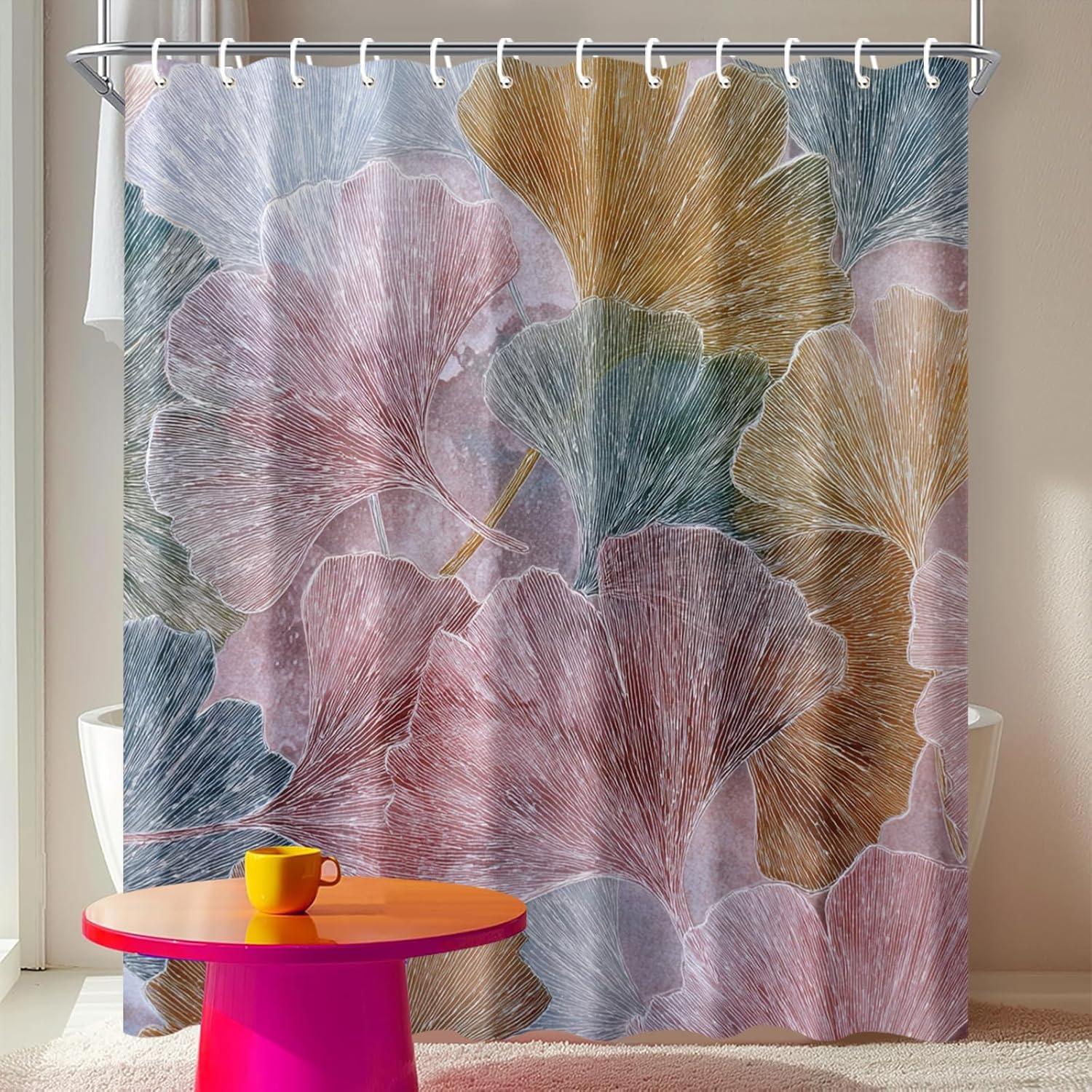 Ginkgo Leaf Shower Curtain 72x72 Inch with Hooks Abstract Botanical Design in Pastel Colors Fabric Bathroom Decor with Autumn Nature Theme for Modern Farmhouse Bathtub