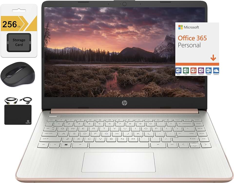HP Laptop ultrafino ultra leve HD de 14 polegadas, processador Intel Celeron quad-core, 16 GB de RAM, 320 GB (cartão eMMC de 64 GB + cartão de 256 GB), Wi-Fi, até 11 horas, Windows 11 S + 1 ano de