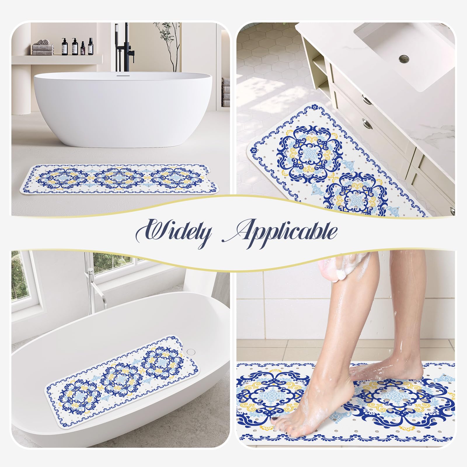 Tapis De Baignoire Antidérapant 100x40cm - Design Boho Bleu, PVC Sans BPA, Lavable Machine - Pour Adultes Et Enfants
