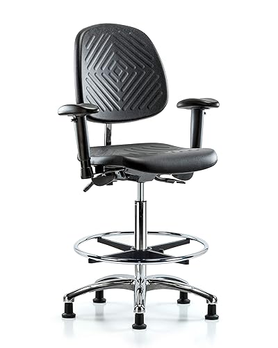 LabTech Seating LT42885 Class 100 Clean Room Silla de banco alto de poliuretano con base de respaldo medio, brazos cromados para pies