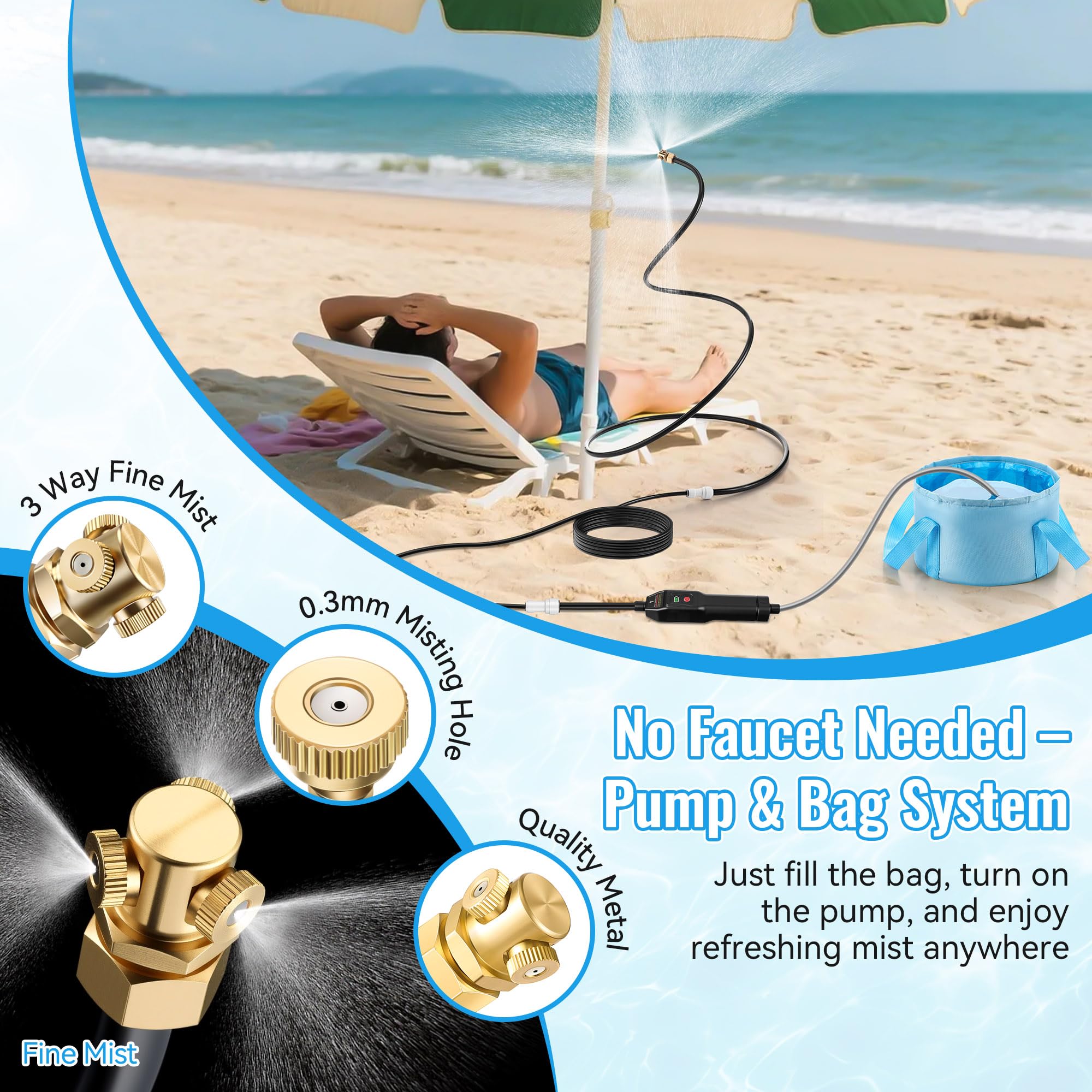 Système de brumisation portable avec pompe à eau, brumisateur d'extérieur avec sac d'eau de 15 L, brumisateur de refroidissement à 3 voies, système de brumisation de tuyau pour refroidissement en