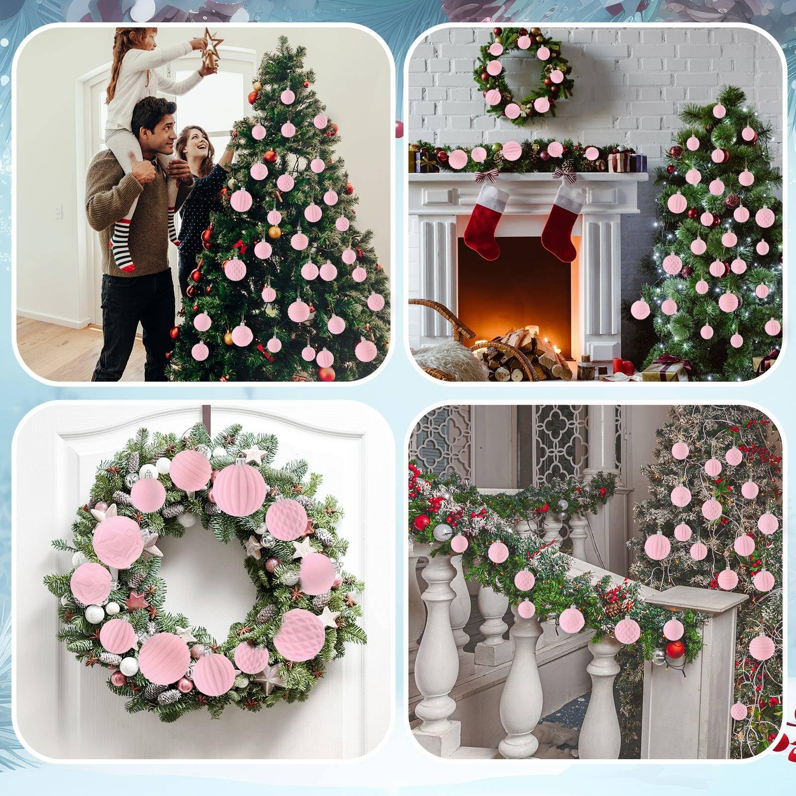 Hungdao Lot de 38 boules de Noël en velours floqué rose – 5 styles en 3 tailles – Décorations incassables à suspendre pour sapin de Noël