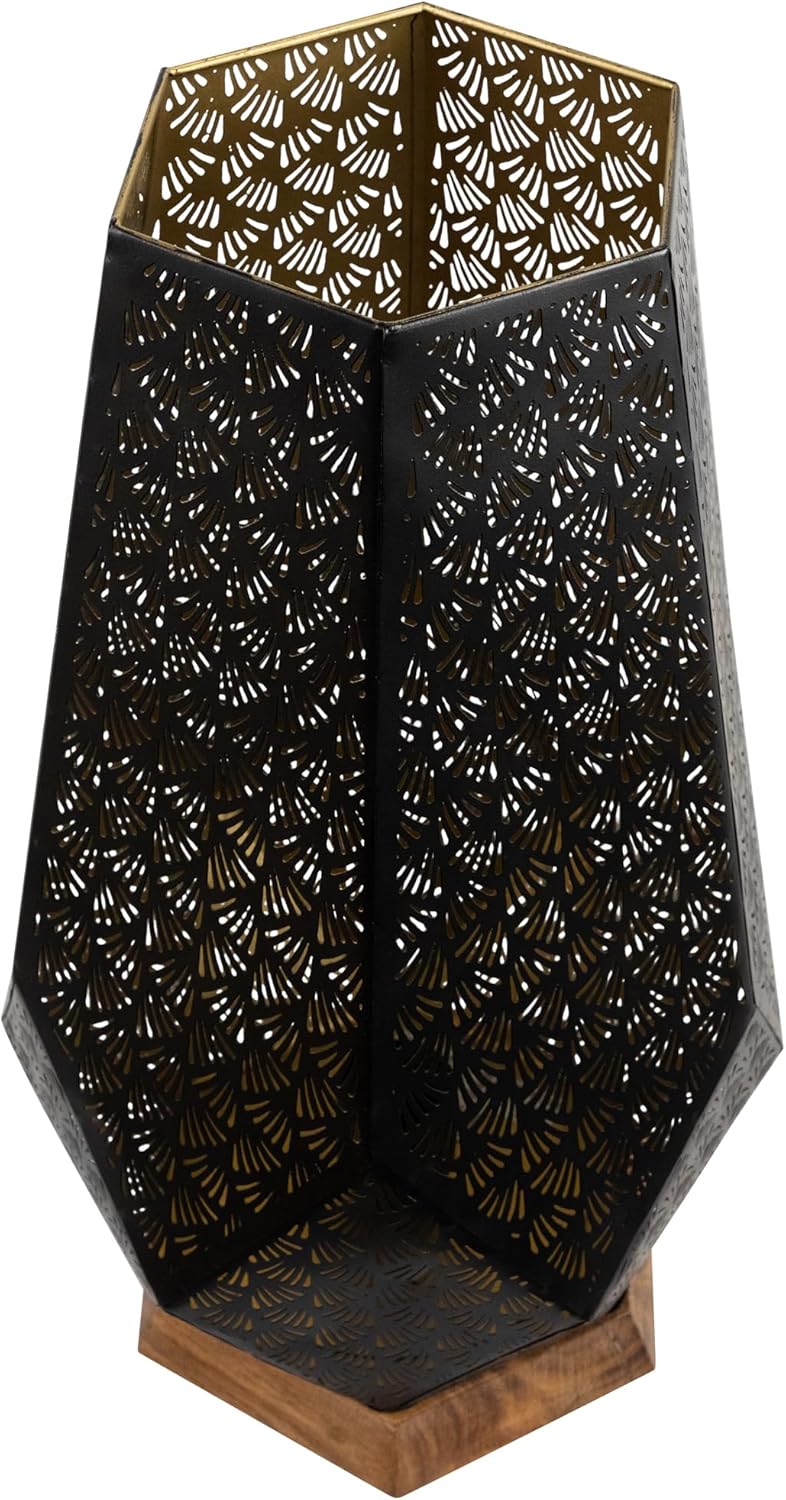 Northlight Laser-Cut Leaf Pattern Iron Table Lamp with Wood Base - 17" - Black and Gold