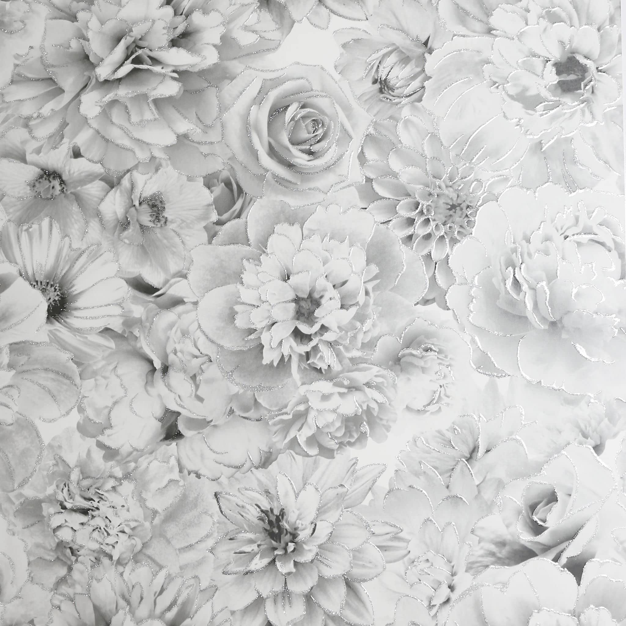 Arthouse Glitter Bloom Floral Wallpaper - Silver, Grey, White - Large