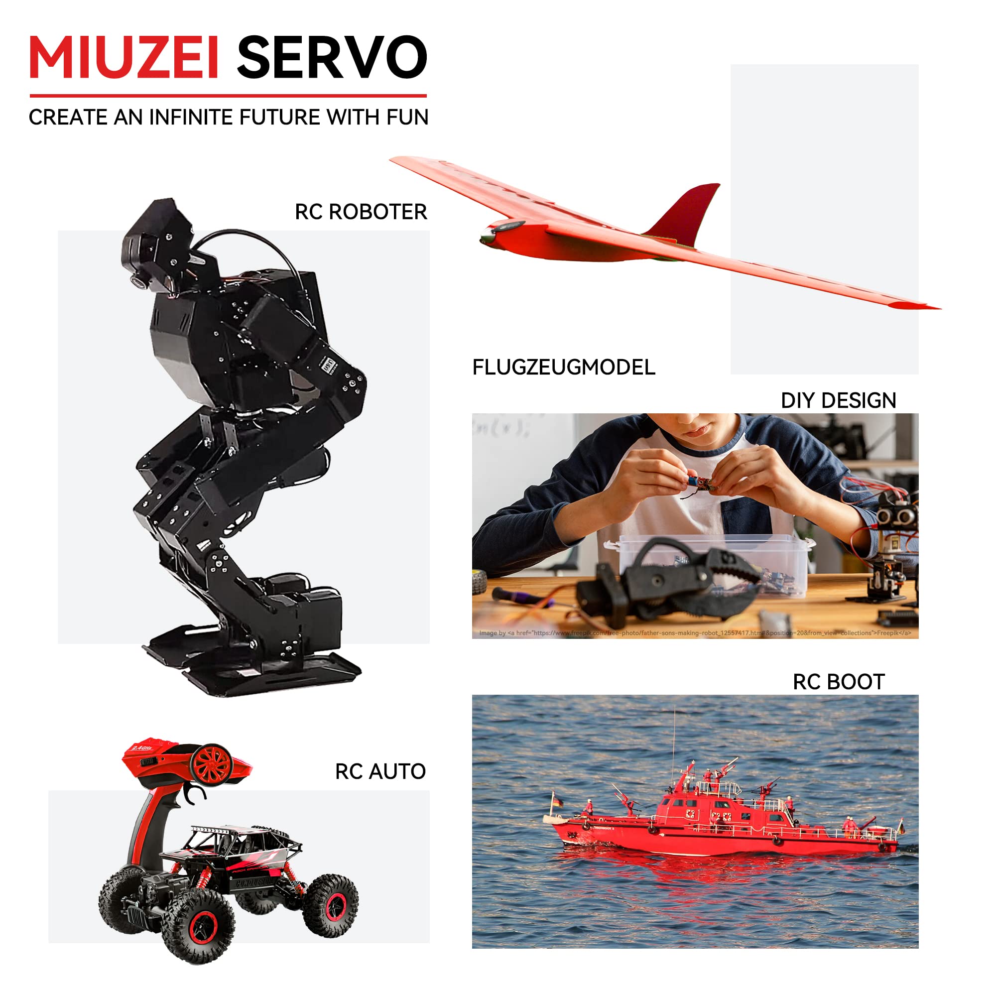 Miuzei 20kg RC Servo Motor 180° Metal Gear Digital Servos with Extension Cable for Arduino Mini,RC Helicoptero Robot Arm Car 1/10 1/8 8,4V Dc High Speed Torque