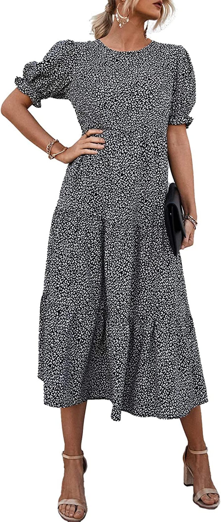 Summer Dresses for Women 2026 Casual Floral Boho Midi Sun Dress Puff Short Sleeve Flowy Beach Vacation Sundress