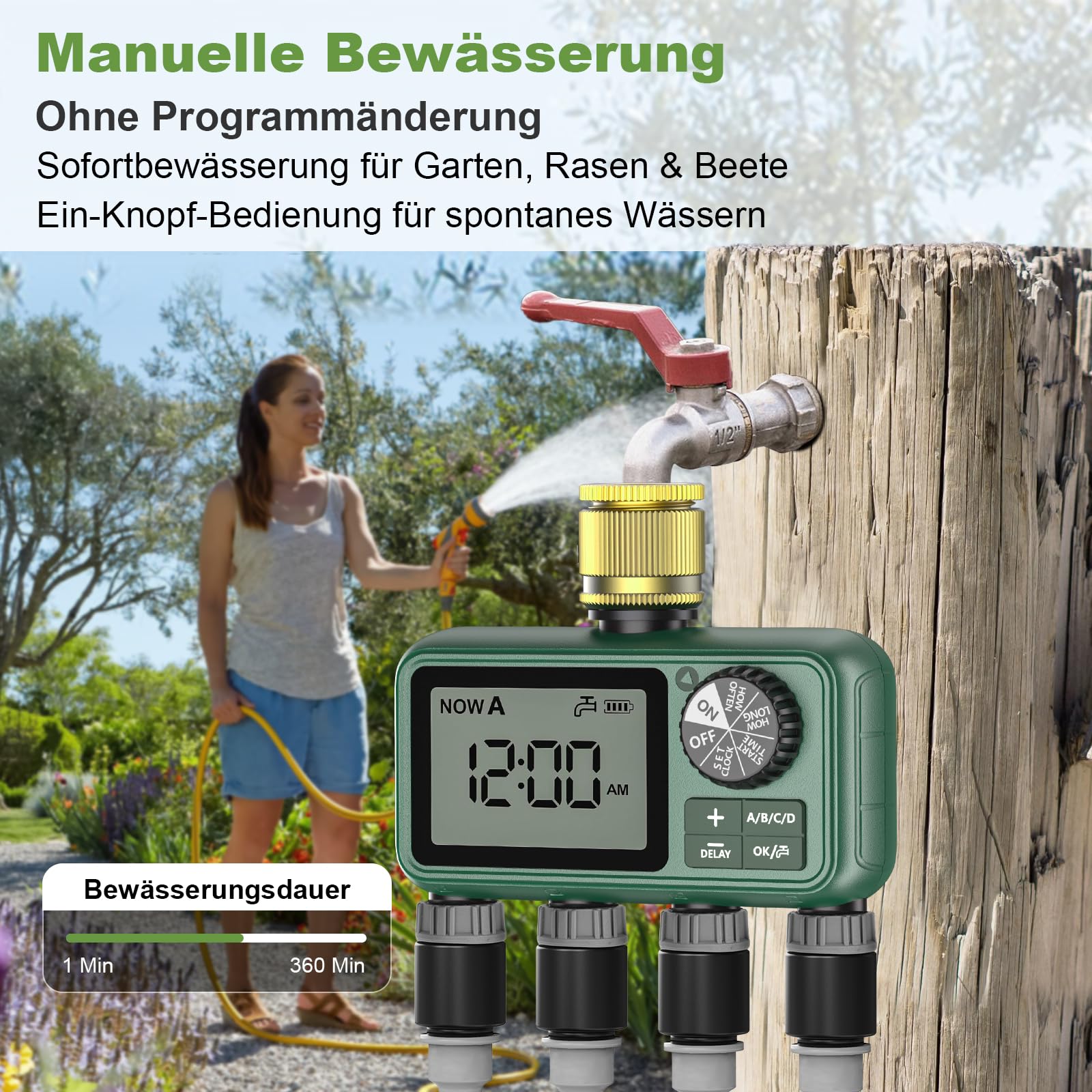 Sterownik nawadniania, 4 wyjścia, mosiężny wlot, duży wyświetlacz LCD, zegar nawadniający, automatyczne nawadnianie, zegar sterujący z opóźnieniem deszczu, ręczny zegar sterujący do ogrodu, na trawnik