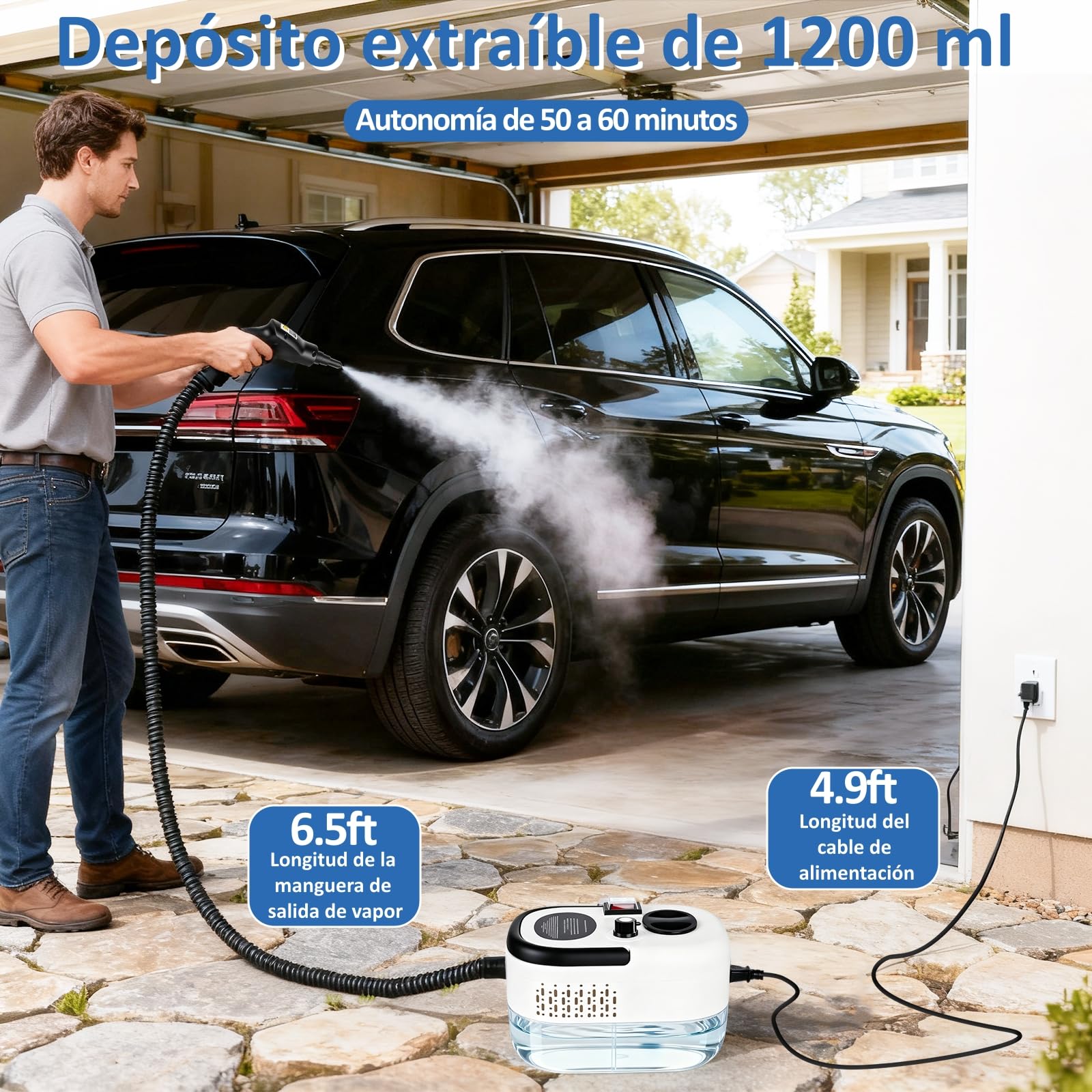 Limpiador de Vapor Portátil 2500W 3.5Bar - Depósito 1200ml | 6 Niveles Ajustables, Calentamiento 15s, Temperatura 105°C - Elimina Grasa, Bacterias y Suciedad Profunda